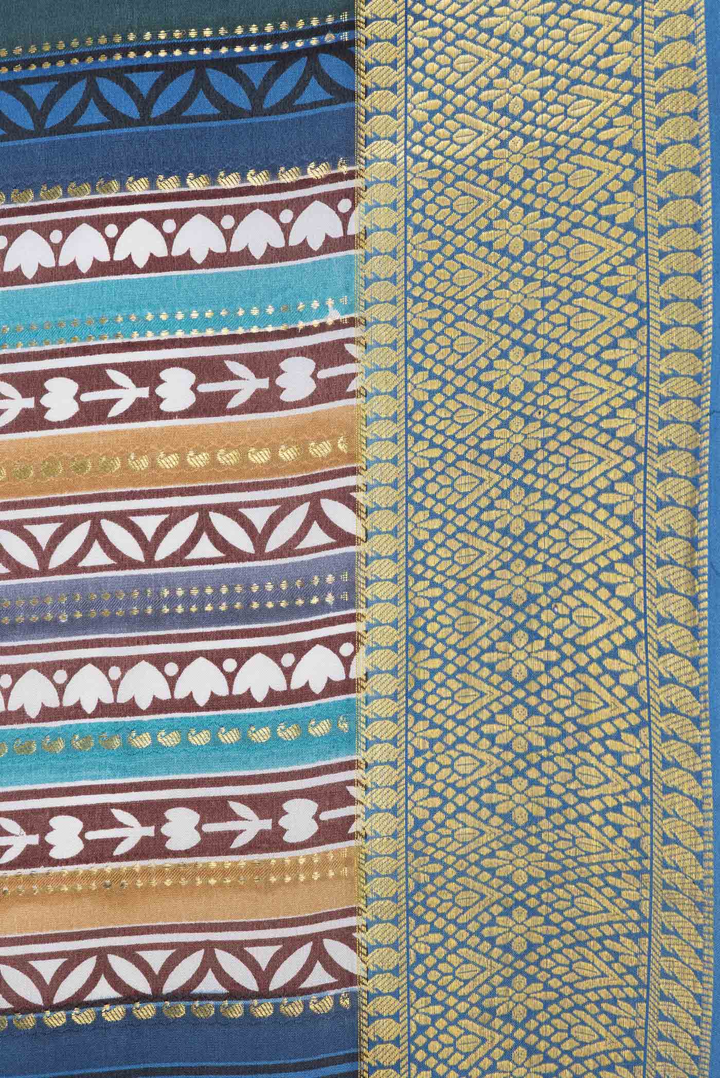 Blue , Brown and Grey Color Mysore Crepe Saree - Image 3