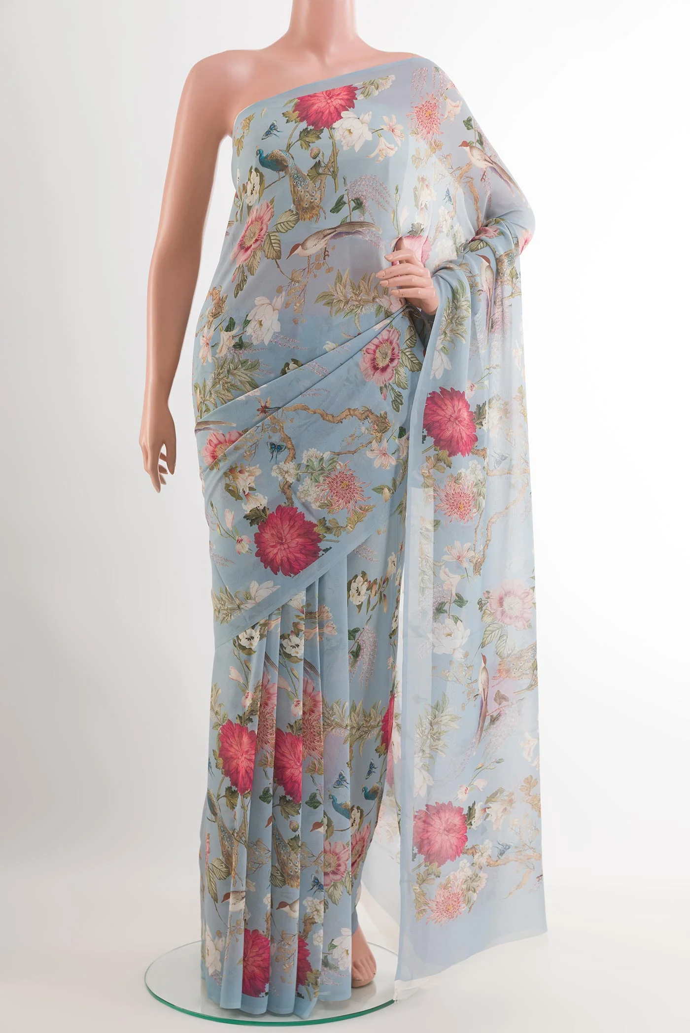 Blue Grey Mysore Chiffon Saree
