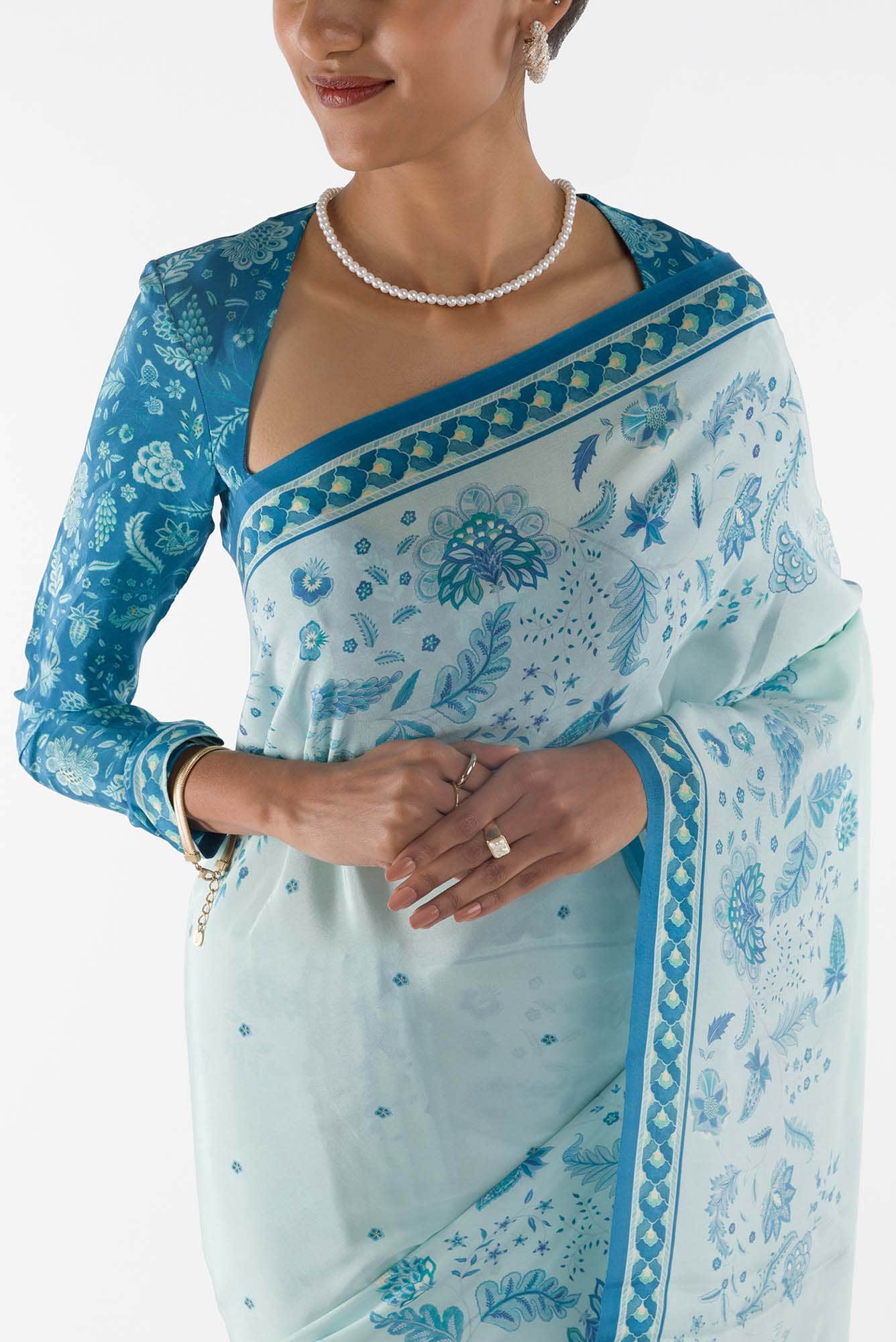 Chandni -  Light Blue Floral design saree from Chintz Collection, Designed by Nalli - Image 3