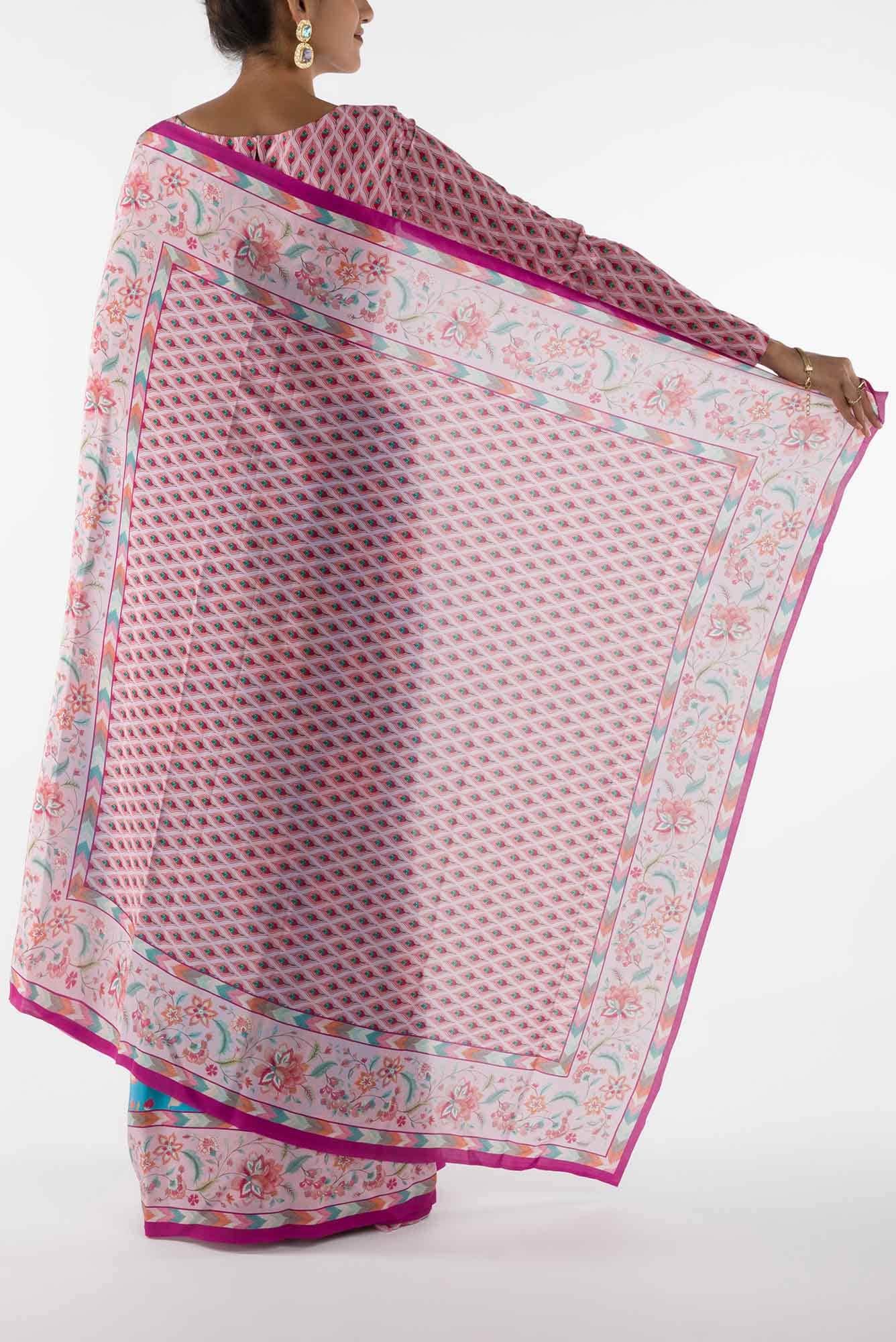 Bagicha - Sky Blue Floral design saree from Chintz Collection, Designed by Nalli - Image 3
