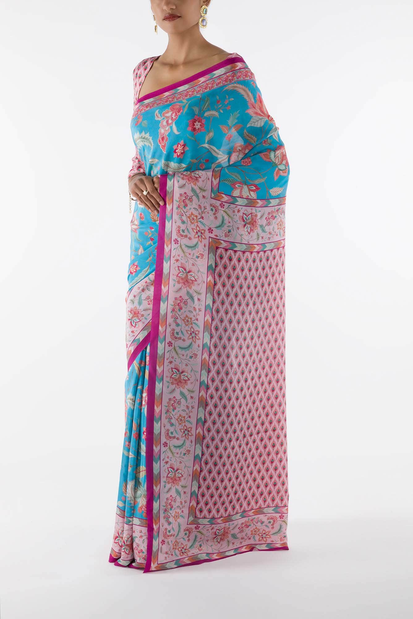 Bagicha - Sky Blue Floral design saree from Chintz Collection, Designed by Nalli - Image 4