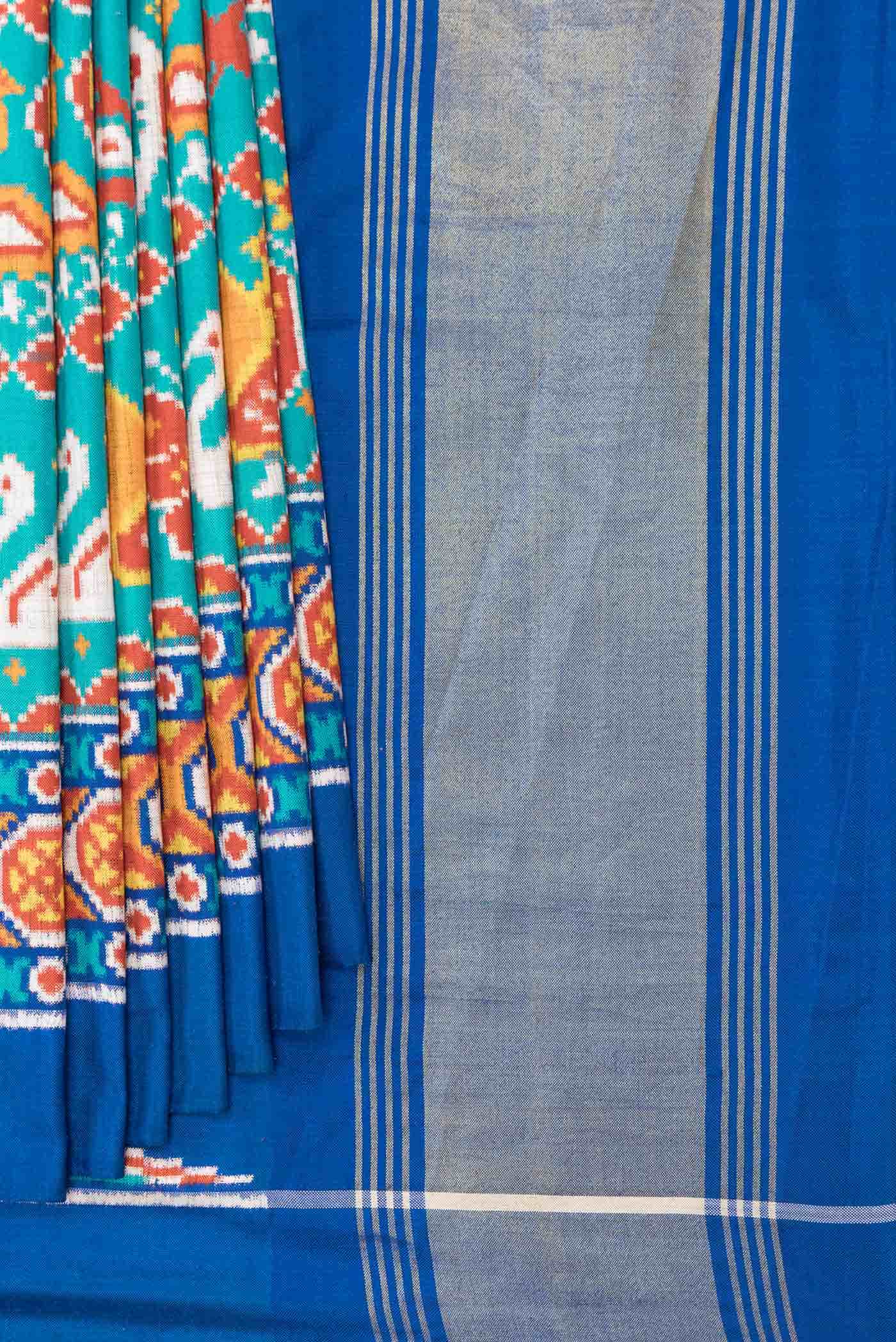 Pure Silk Pure Zari Blue Dual Tone Double Ikat Saree - Image 2