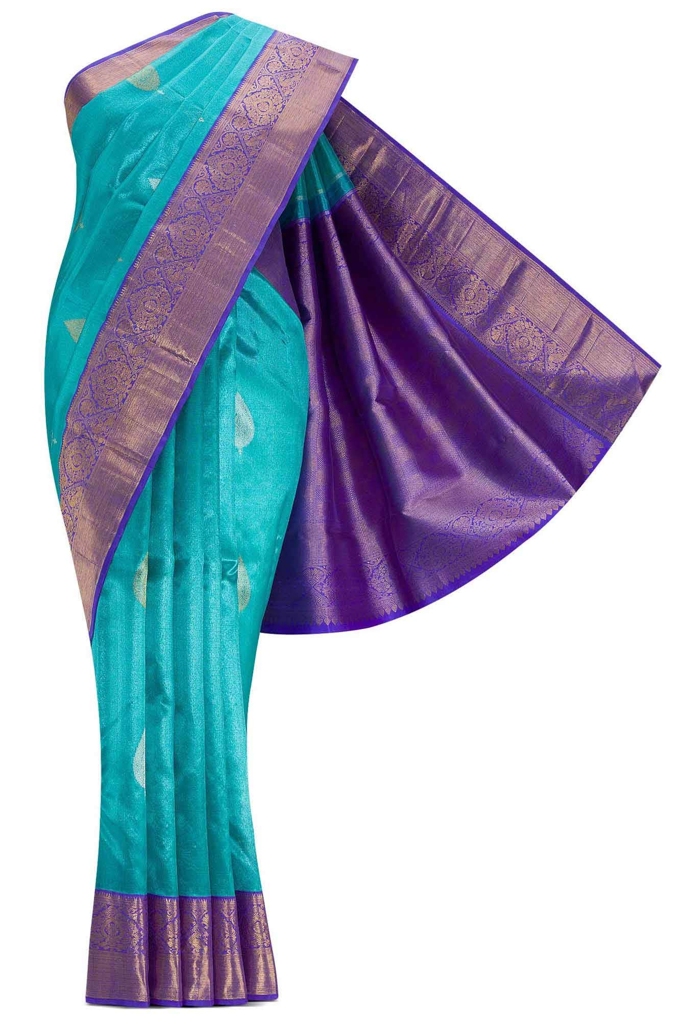 Pure Silk Pure Zari Blue Dual Tone Kanjivaram Tissue Saree