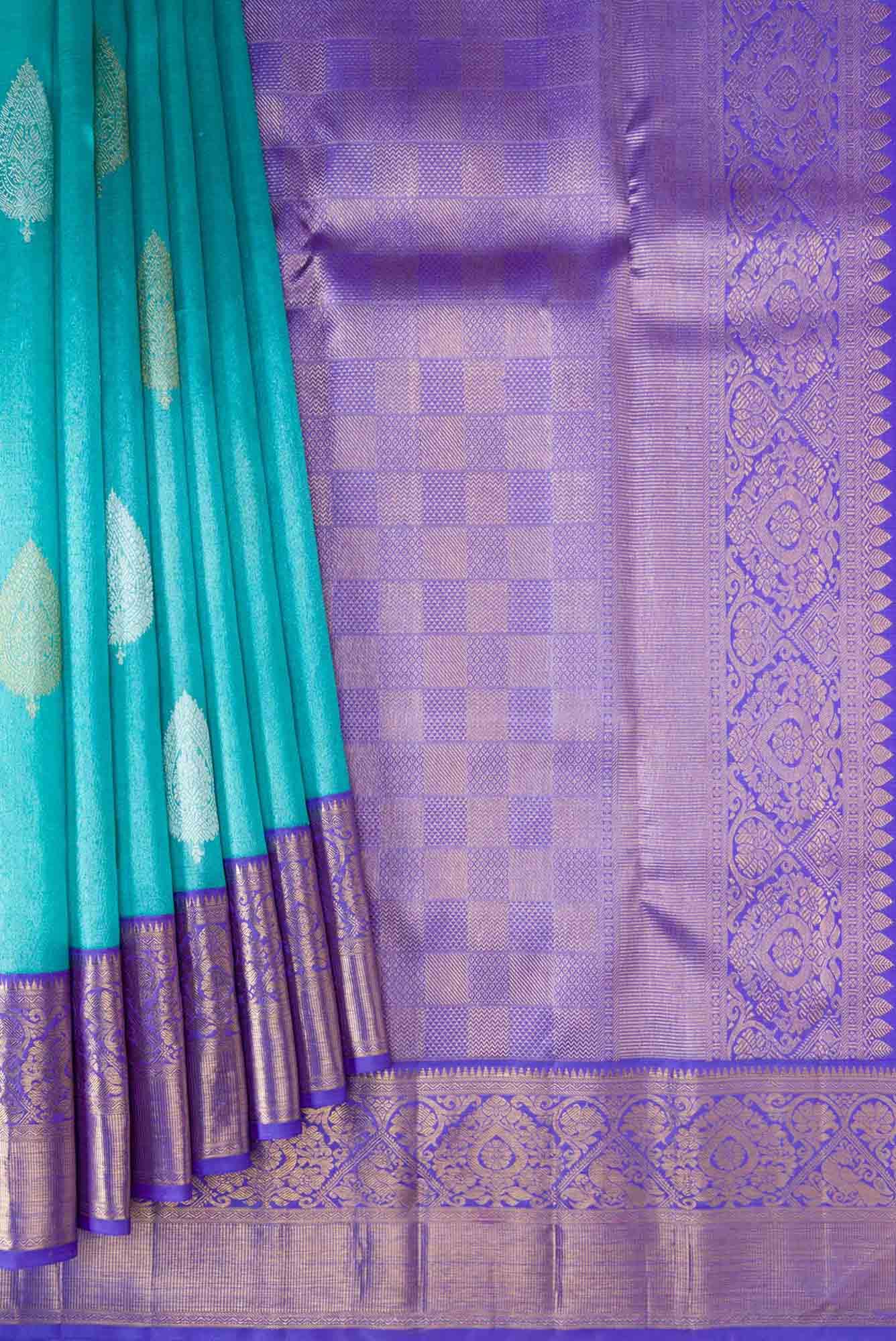 Pure Silk Pure Zari Blue Dual Tone Kanjivaram Tissue Saree - Image 2