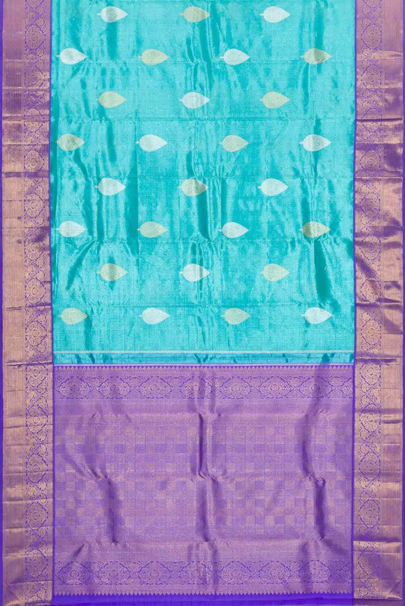 Pure Silk Pure Zari Blue Dual Tone Kanjivaram Tissue Saree - Image 4