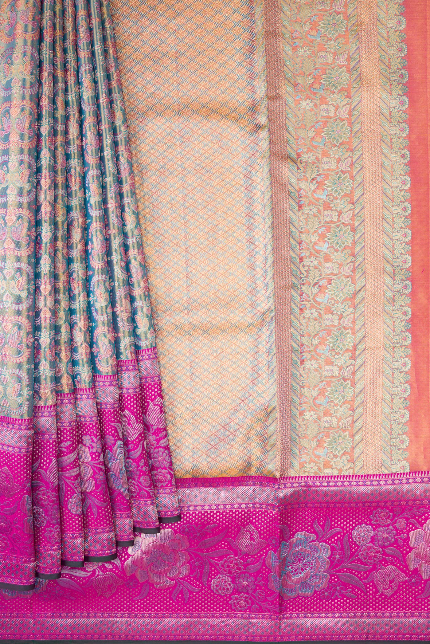 Blue Dual Tone Kanjivaram Tissue Silk Saree - Image 4