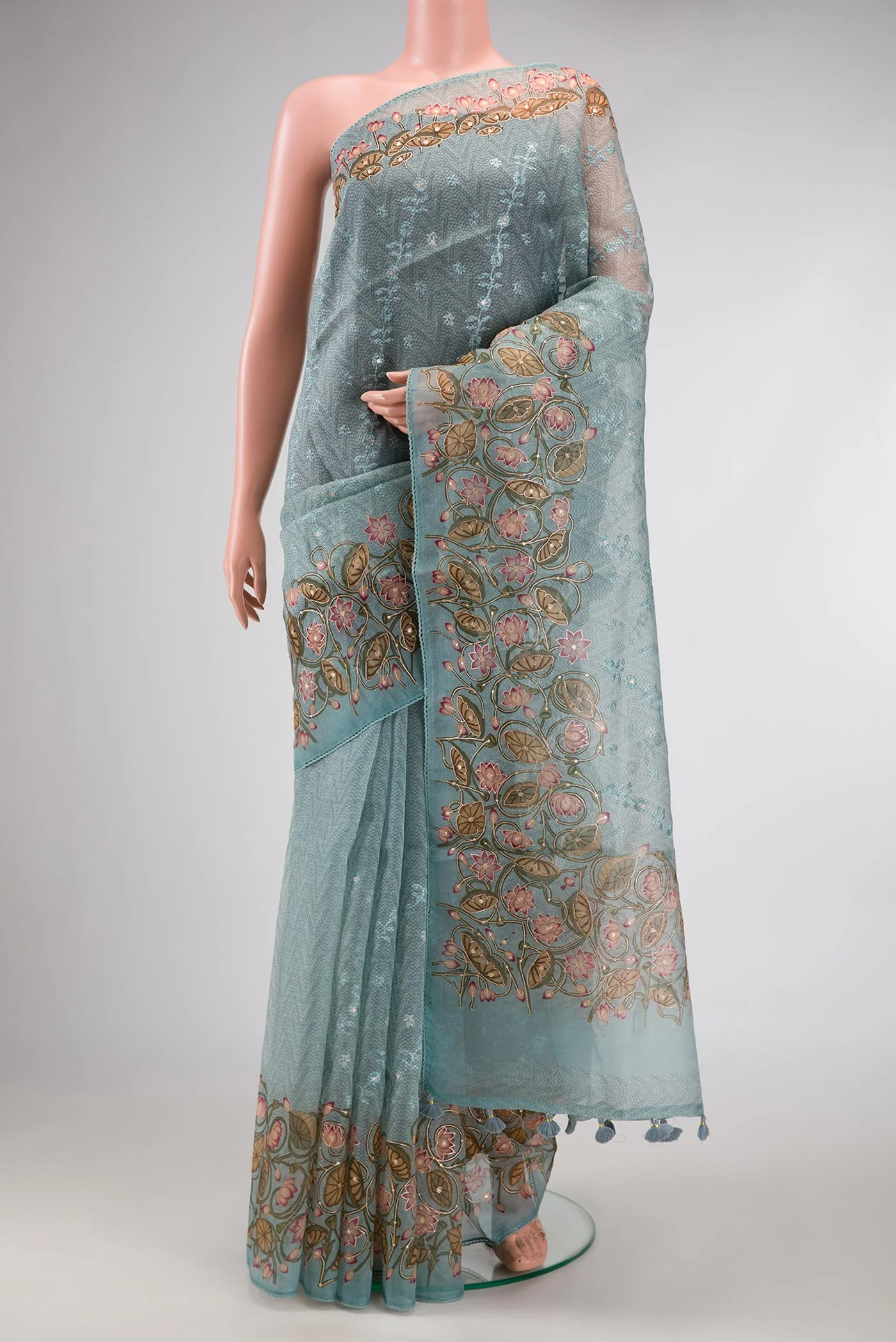 Blue Grey Organza Silk Saree