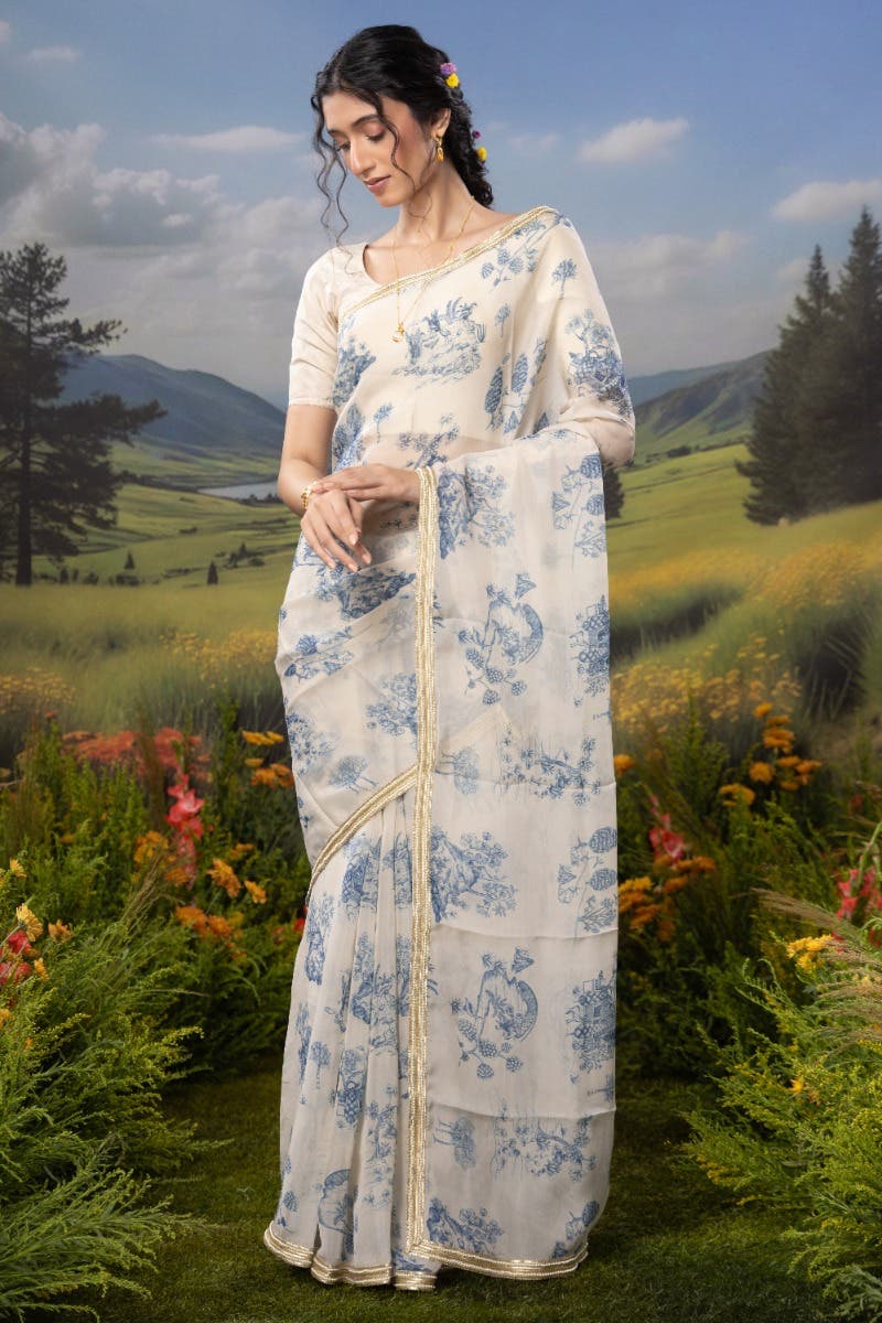Blue Forest-White Organza Silk Saree - Image 2