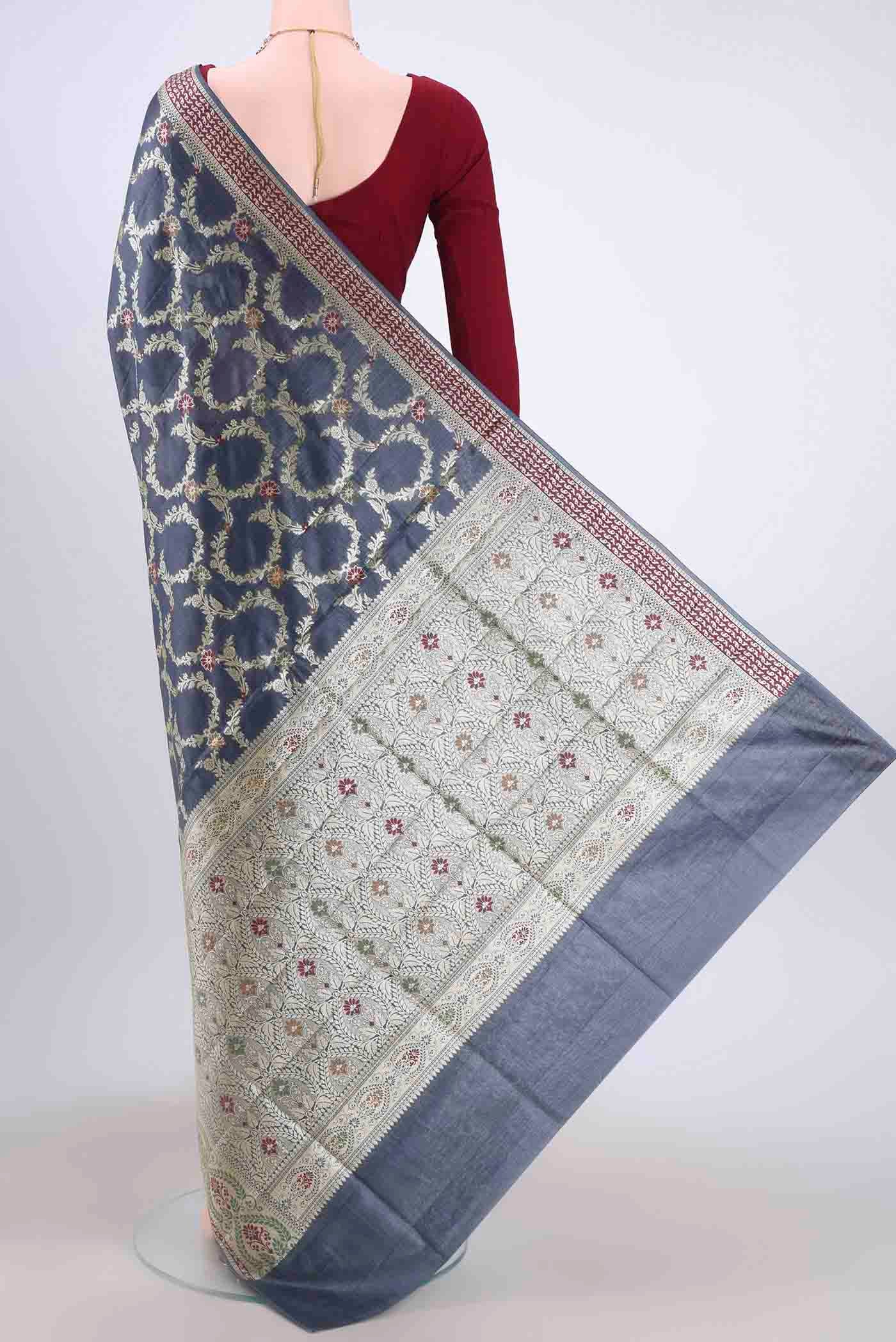 Blue Grey Banarasi Tussar Silk Saree - Image 3