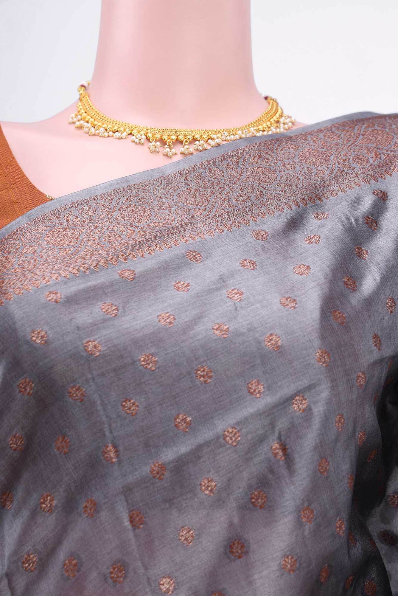 Blue Grey Banarasi Raw Silk Saree - Image 3