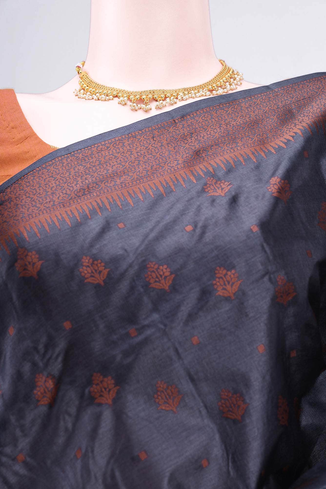 Blue Grey Banarasi Raw Silk Saree - Image 3