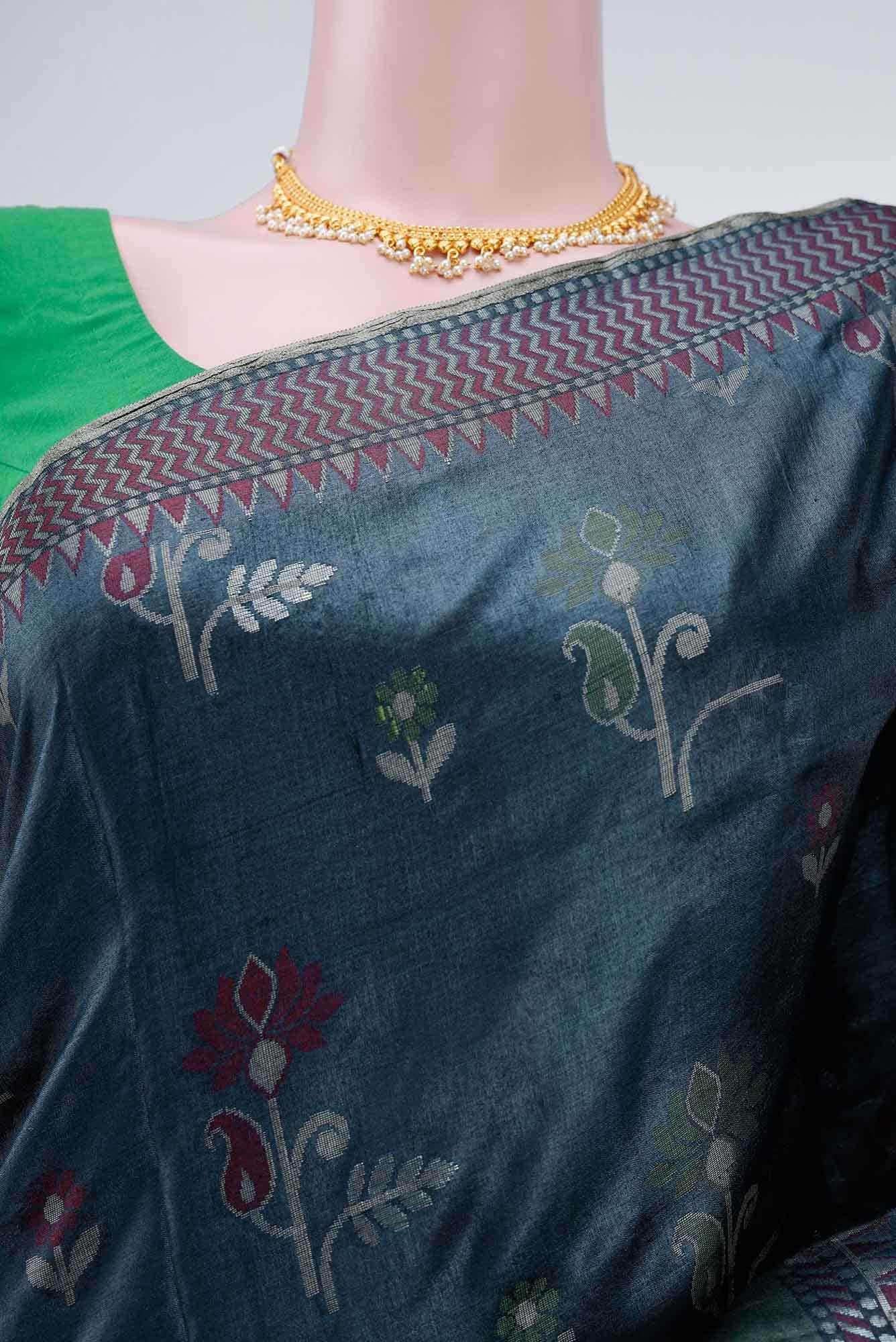 Blue Grey Banarasi Tussar Silk Saree - Image 3