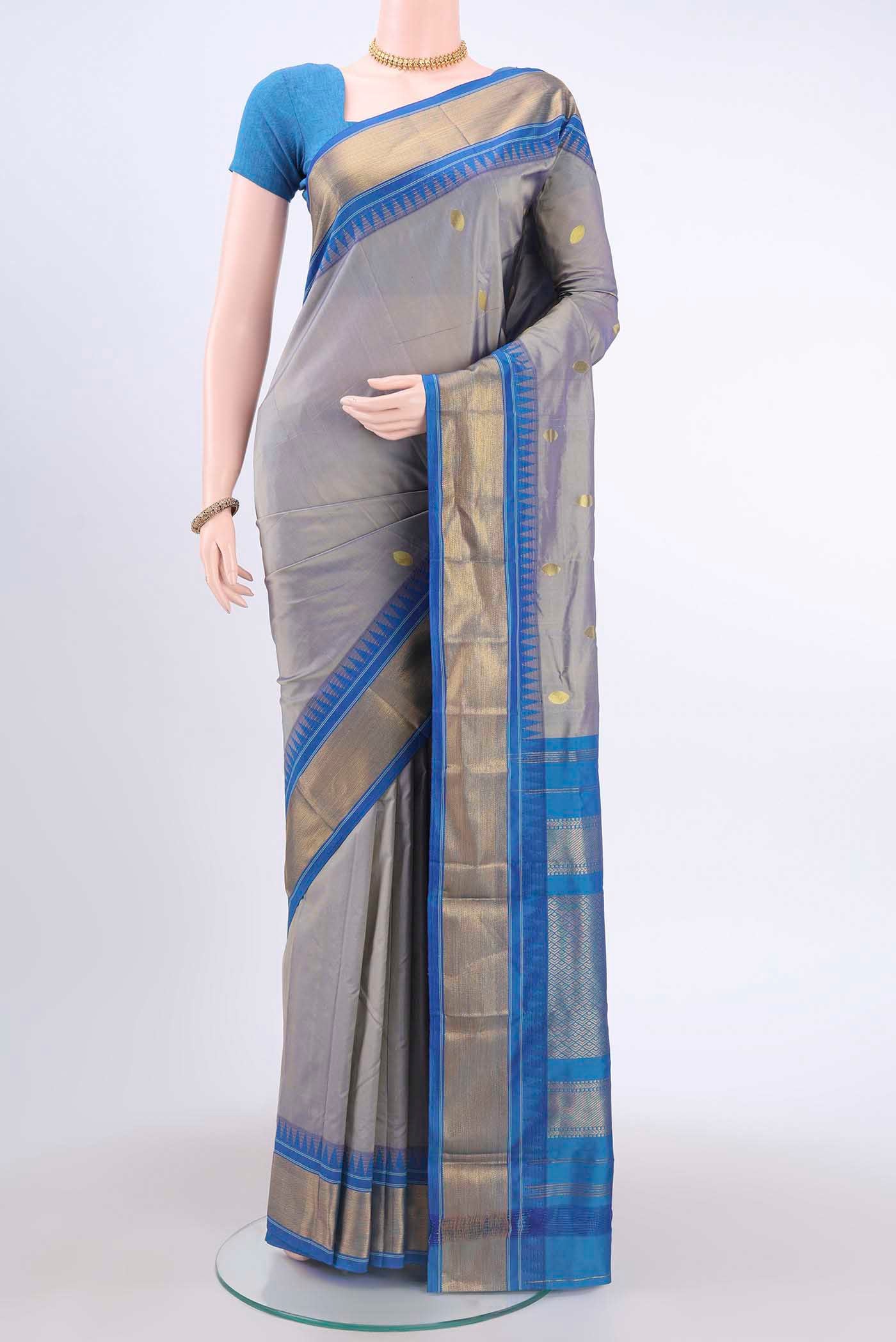 Blue Grey Blended Bangalore Silk Saree