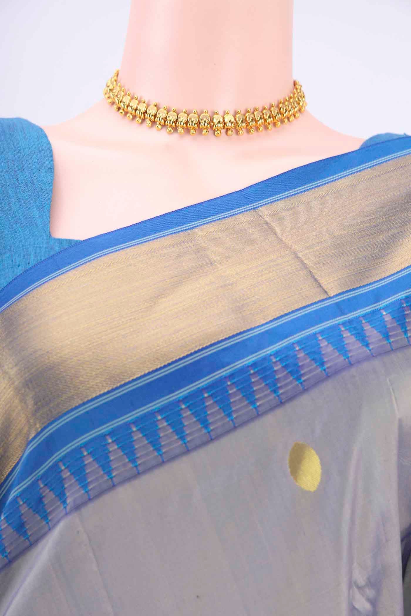 Blue Grey Blended Bangalore Silk Saree - Image 2