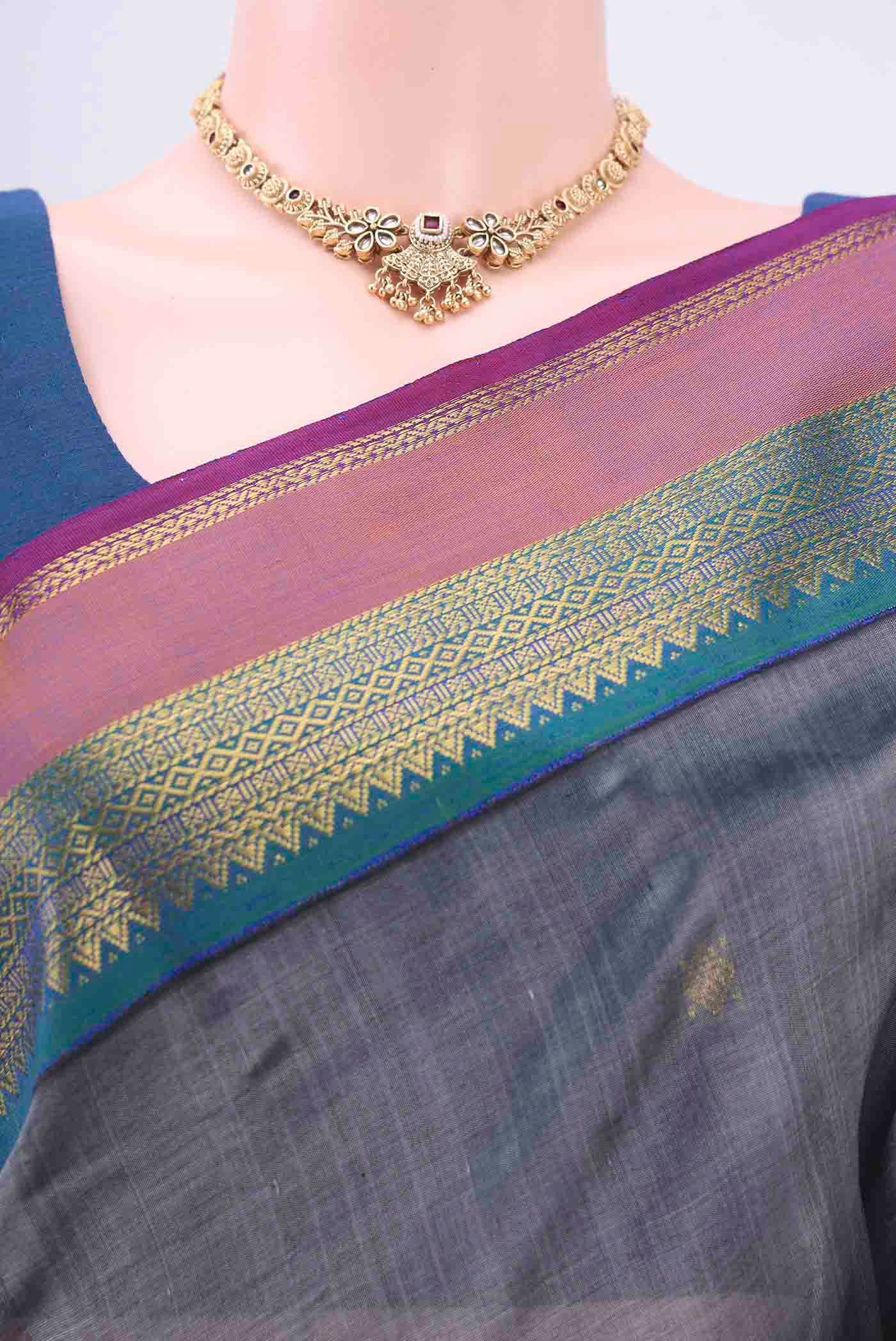 Blue Grey Silk Cotton Saree - Image 2