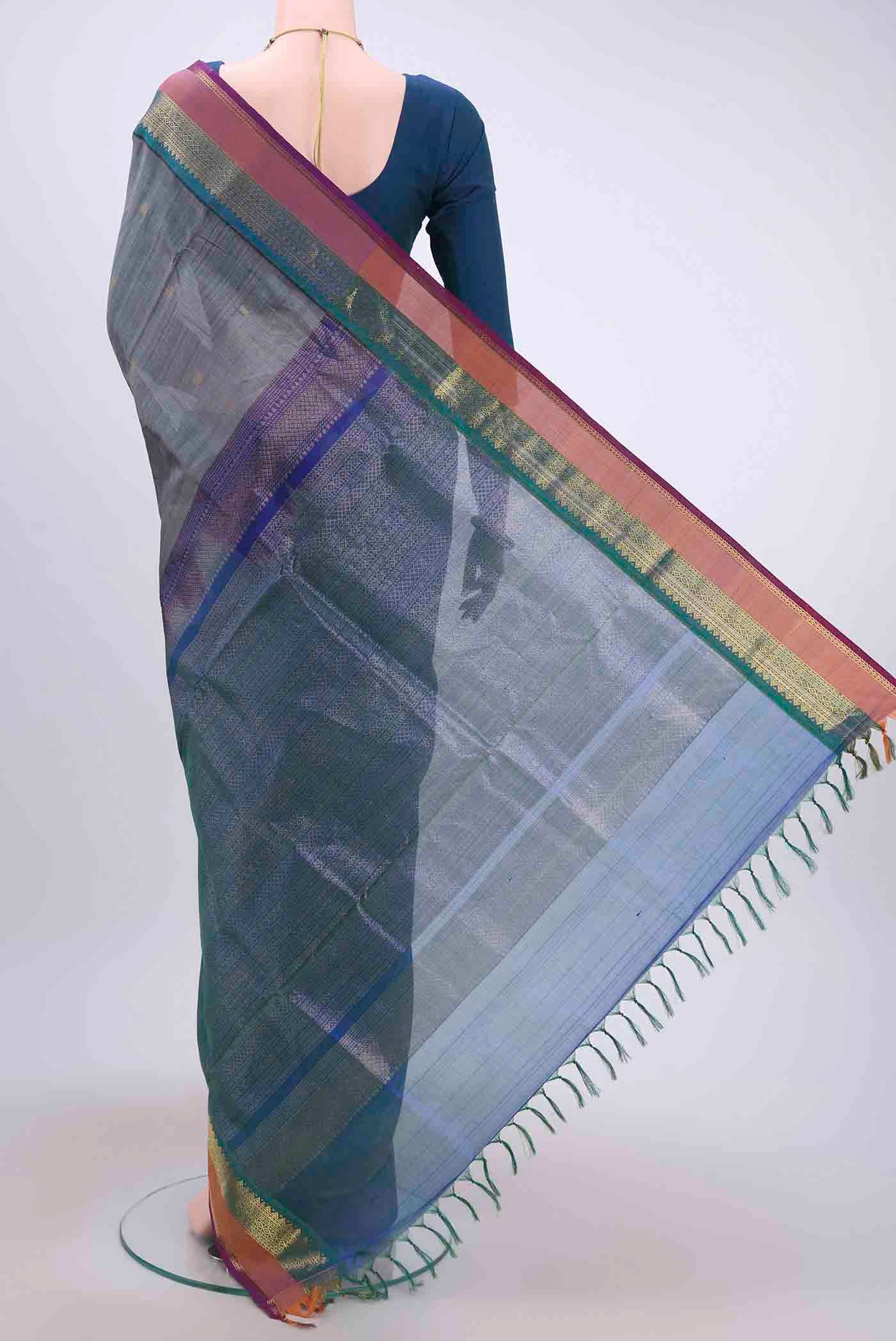Blue Grey Silk Cotton Saree - Image 3