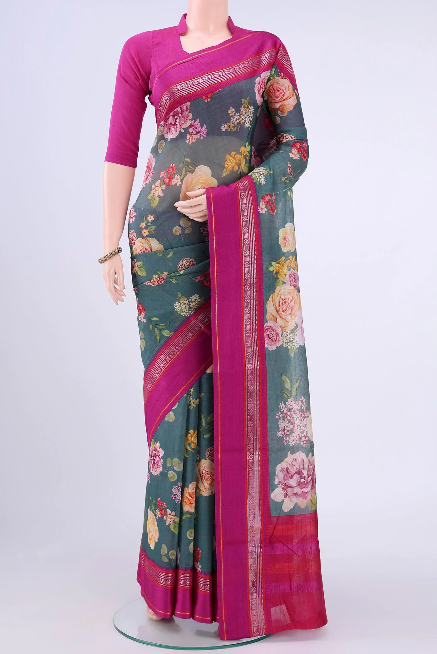 Blue Grey Chanderi Silk Saree