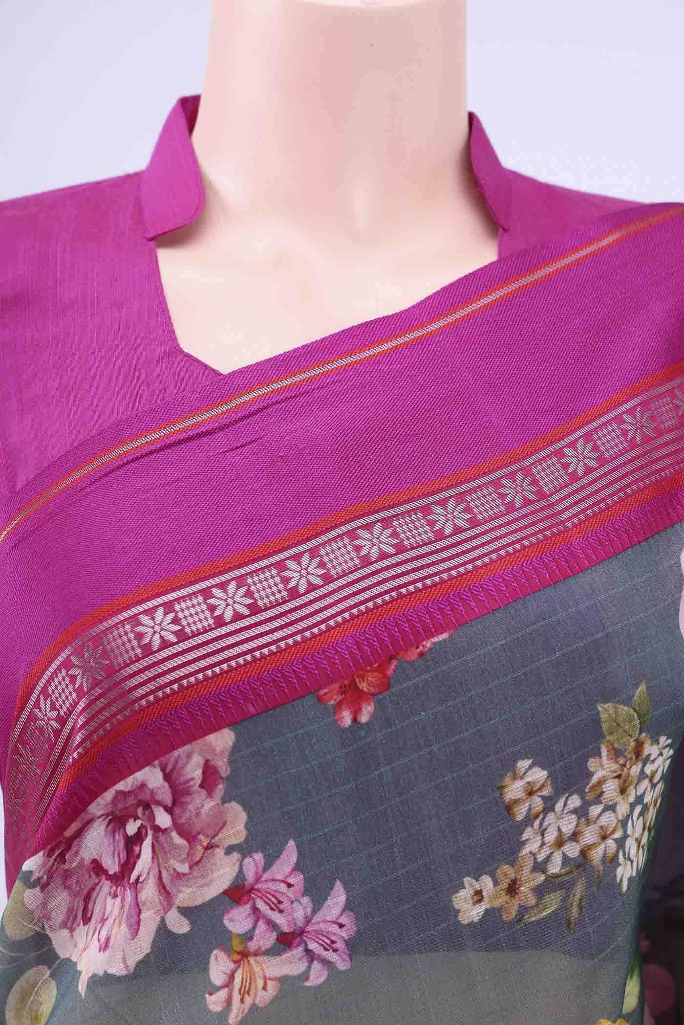 Blue Grey Chanderi Silk Saree - Image 2
