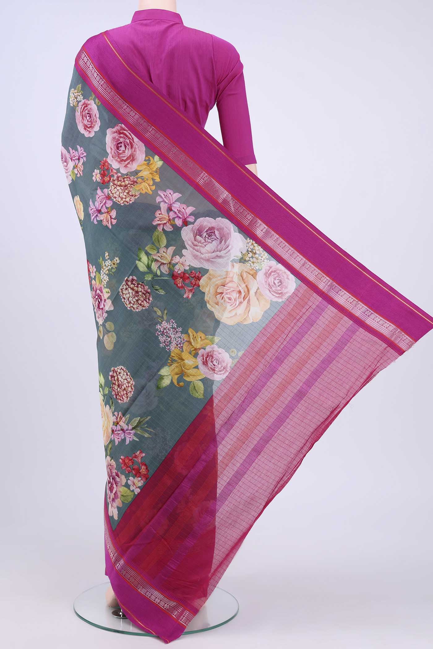 Blue Grey Chanderi Silk Saree - Image 3