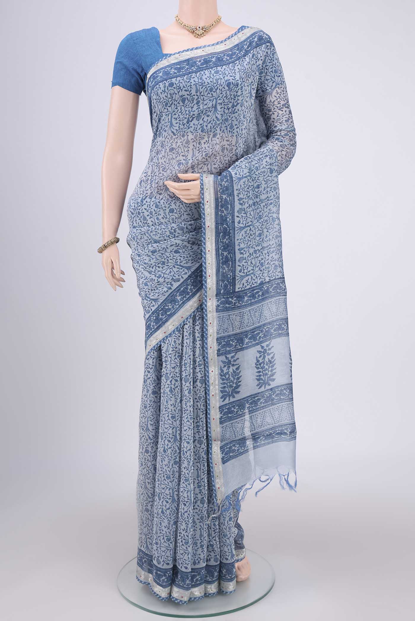 Blue Grey Chanderi Silk Cotton Saree