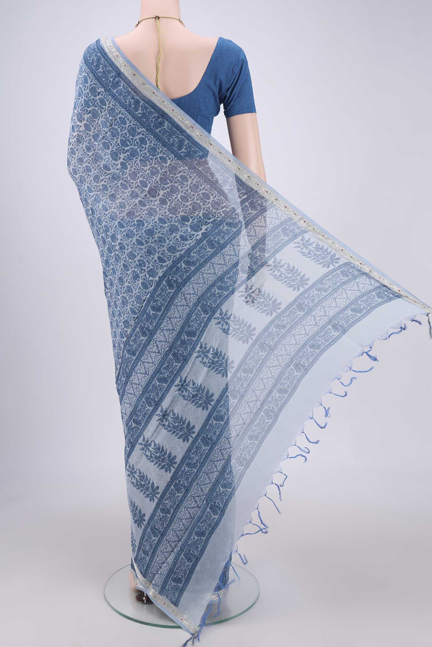 Blue Chanderi Silk Cotton Saree - Image 3