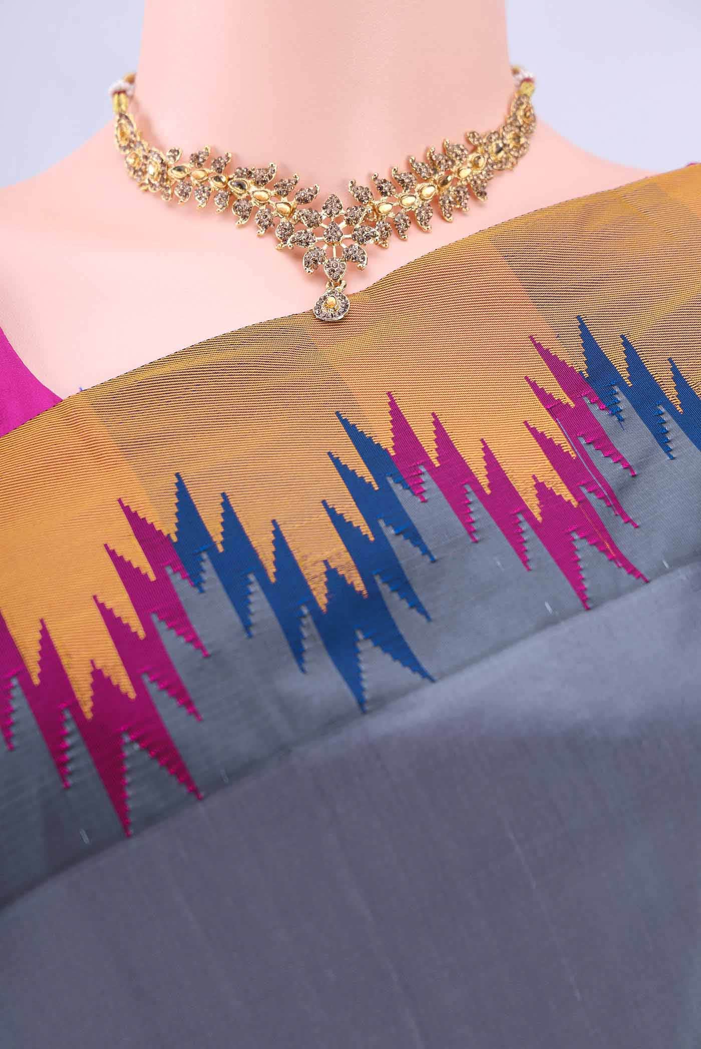 Blue Grey Dual Tone Blended Bangalore Silk Saree - Image 3