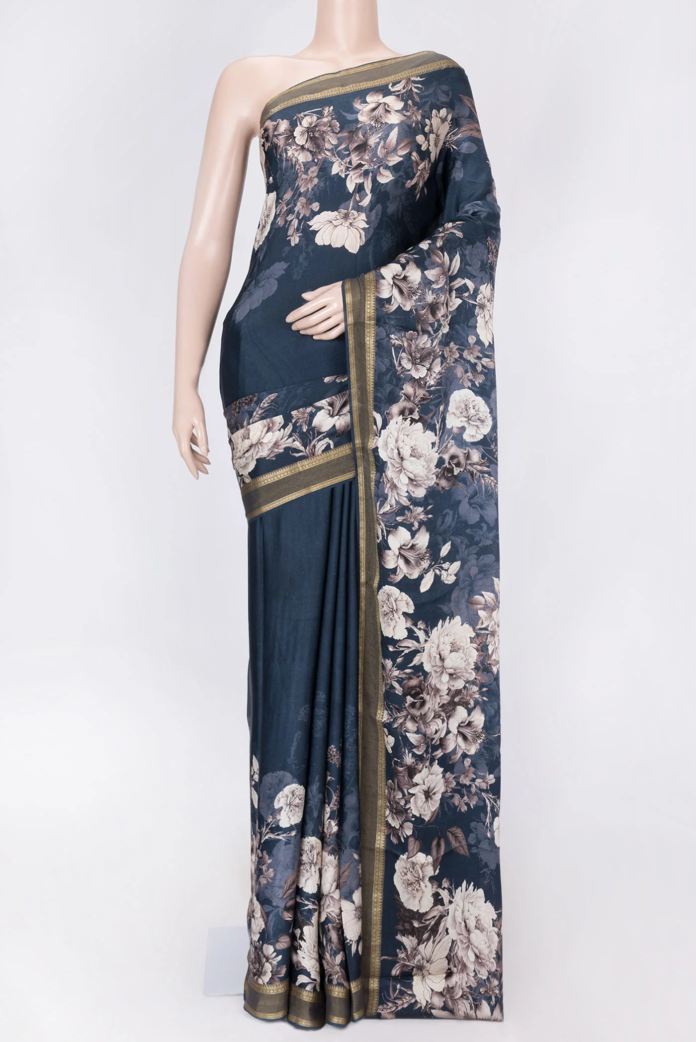 Blue Grey Dual Tone Mysore Crepe Saree