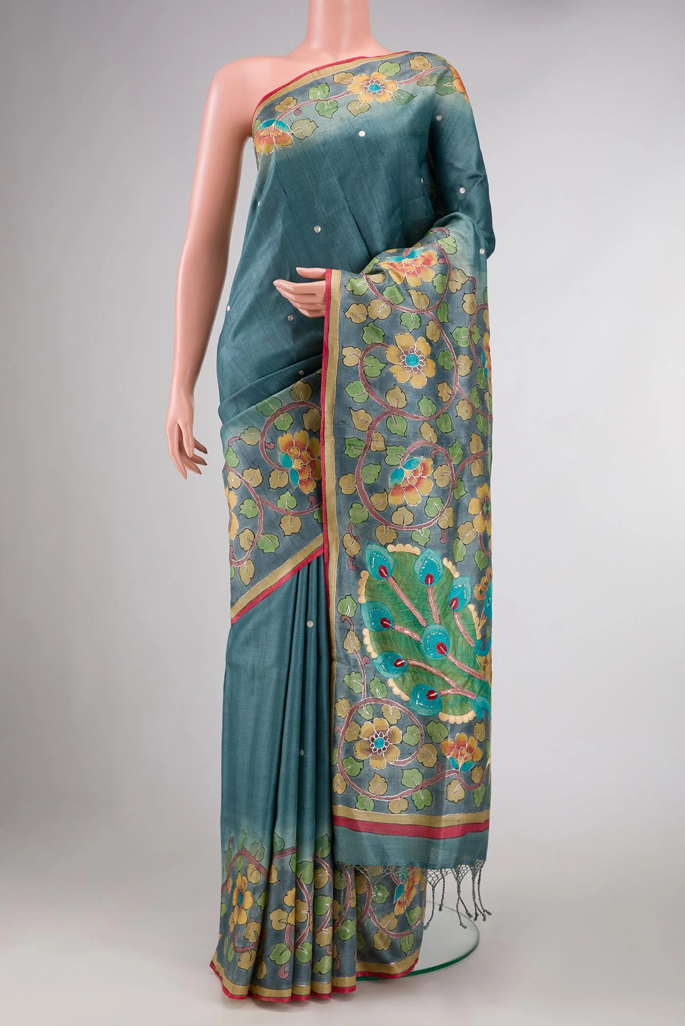 Blue Grey Dual Tone Tussar Silk Saree