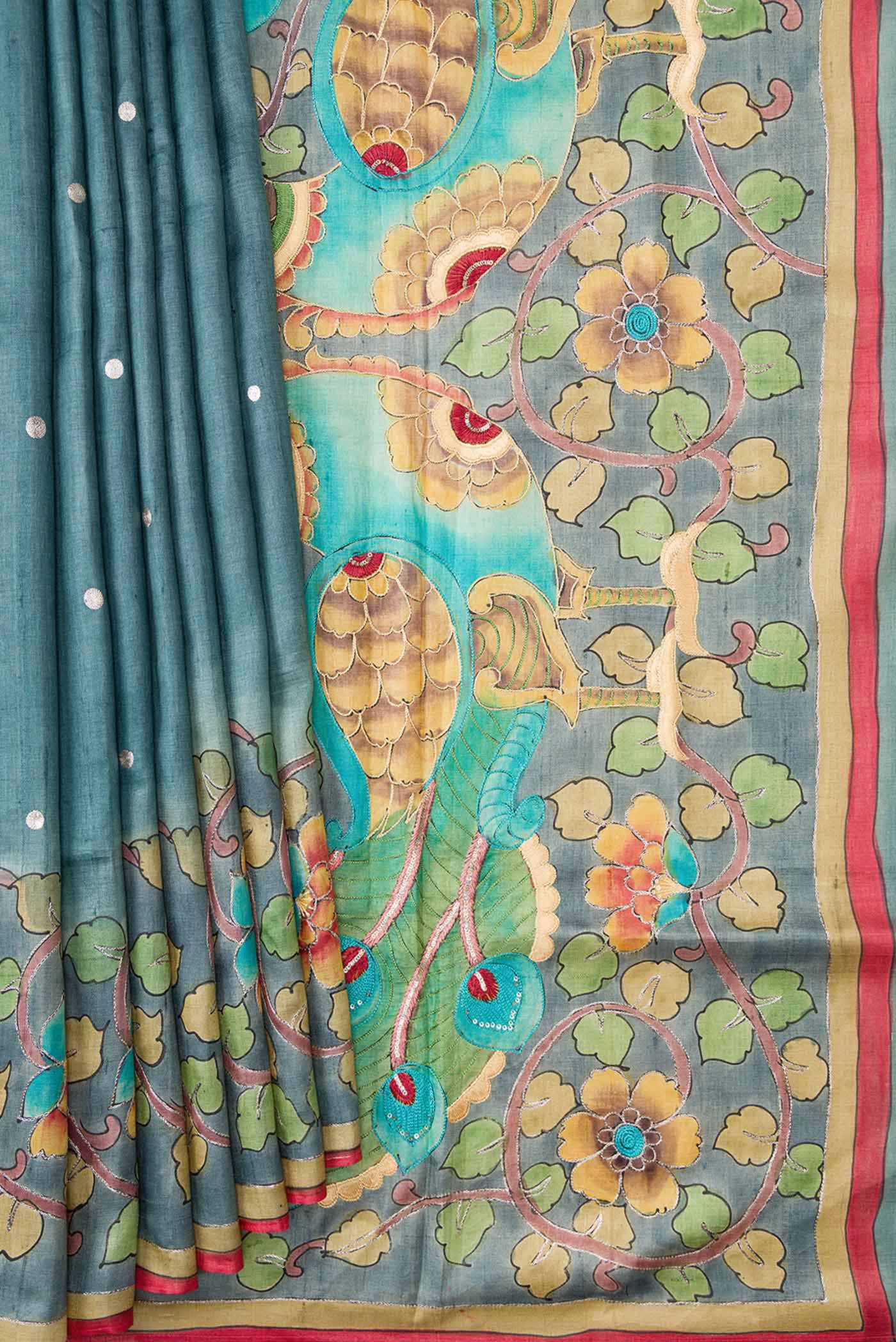 Blue Grey Dual Tone Tussar Silk Saree - Image 4
