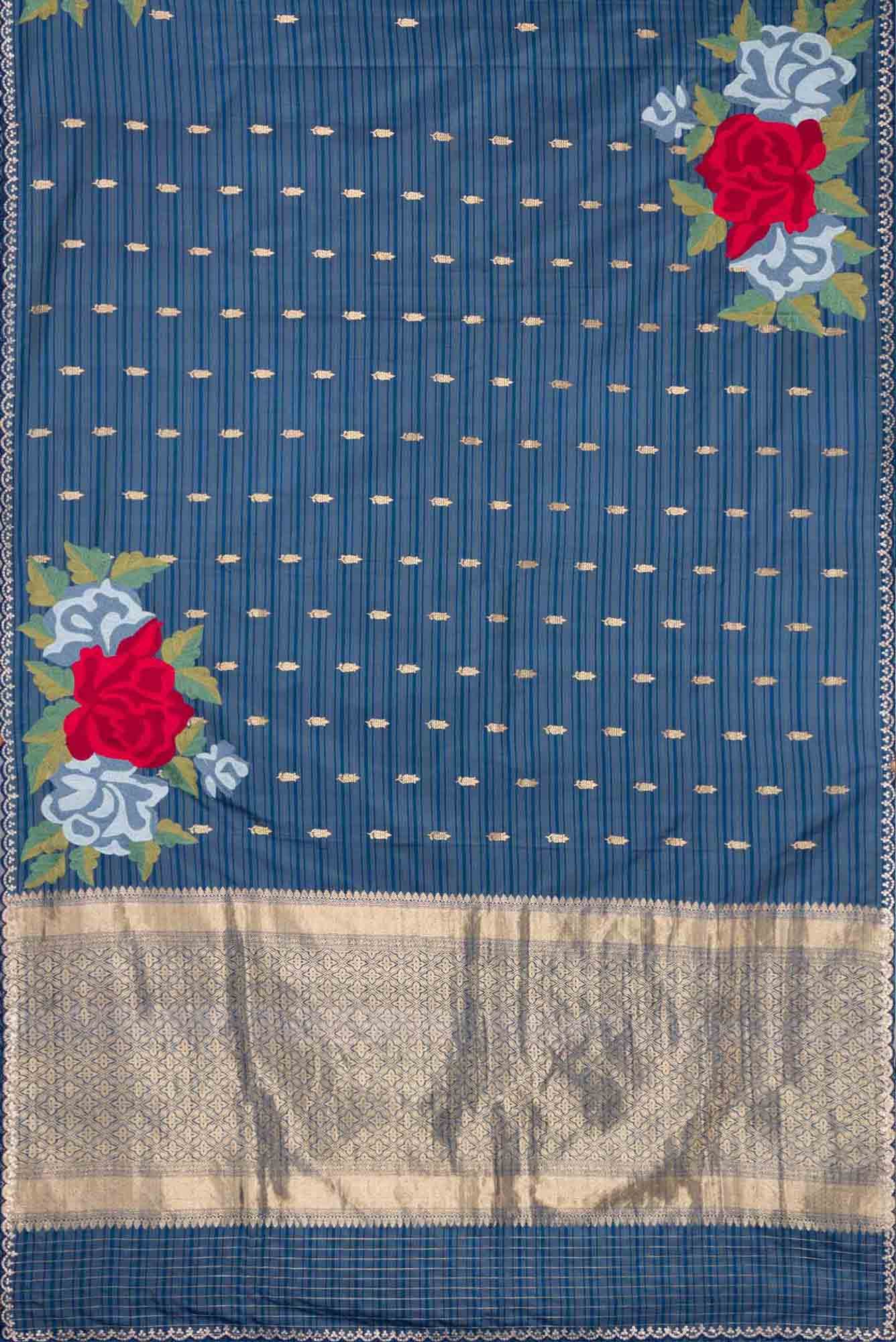 Blue Grey Dual Tone Tussar Silk Saree - Image 4