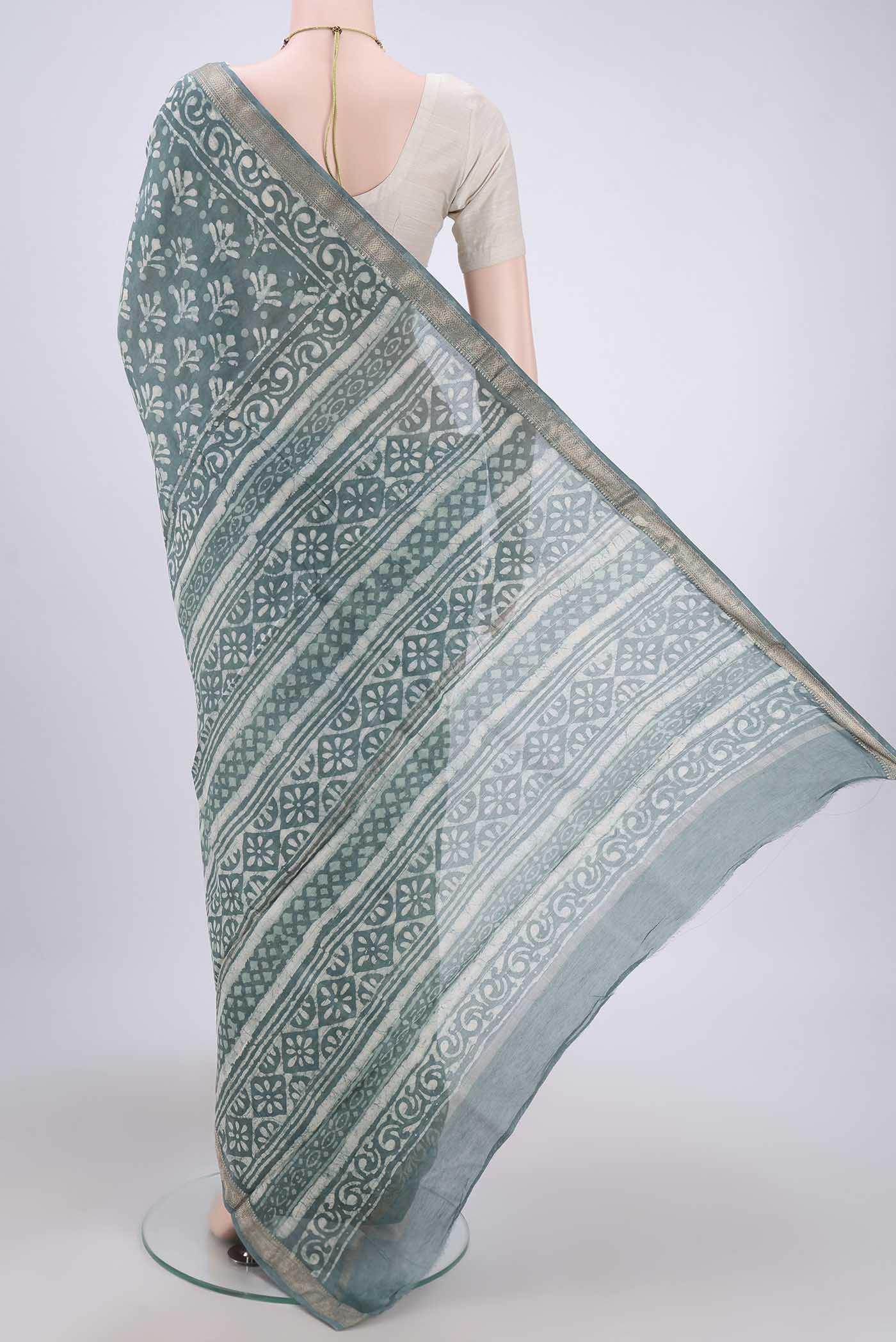 Blue Grey Maheshwari Silk Cotton Saree - Image 3