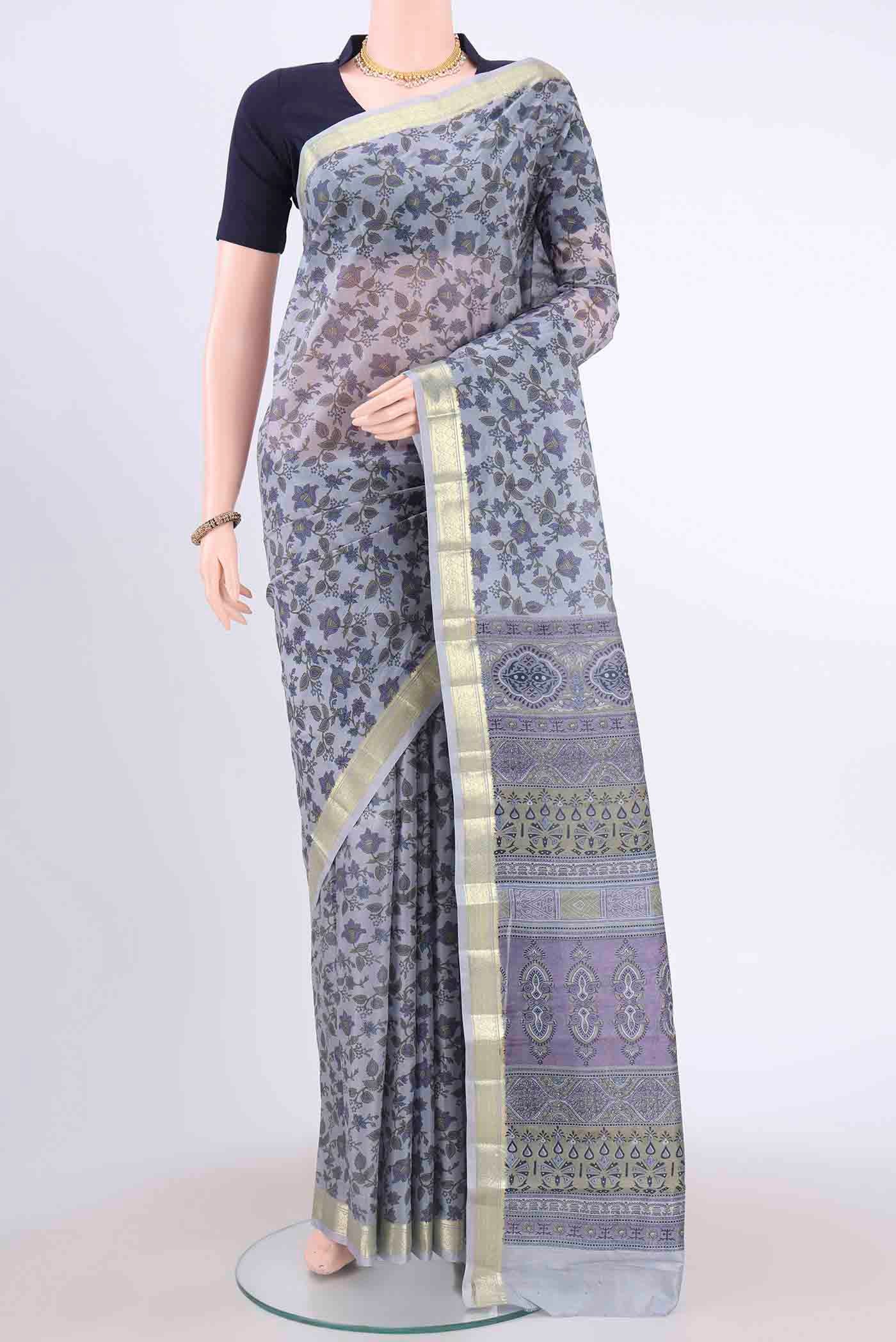 Blue Grey Printed Silk Saree