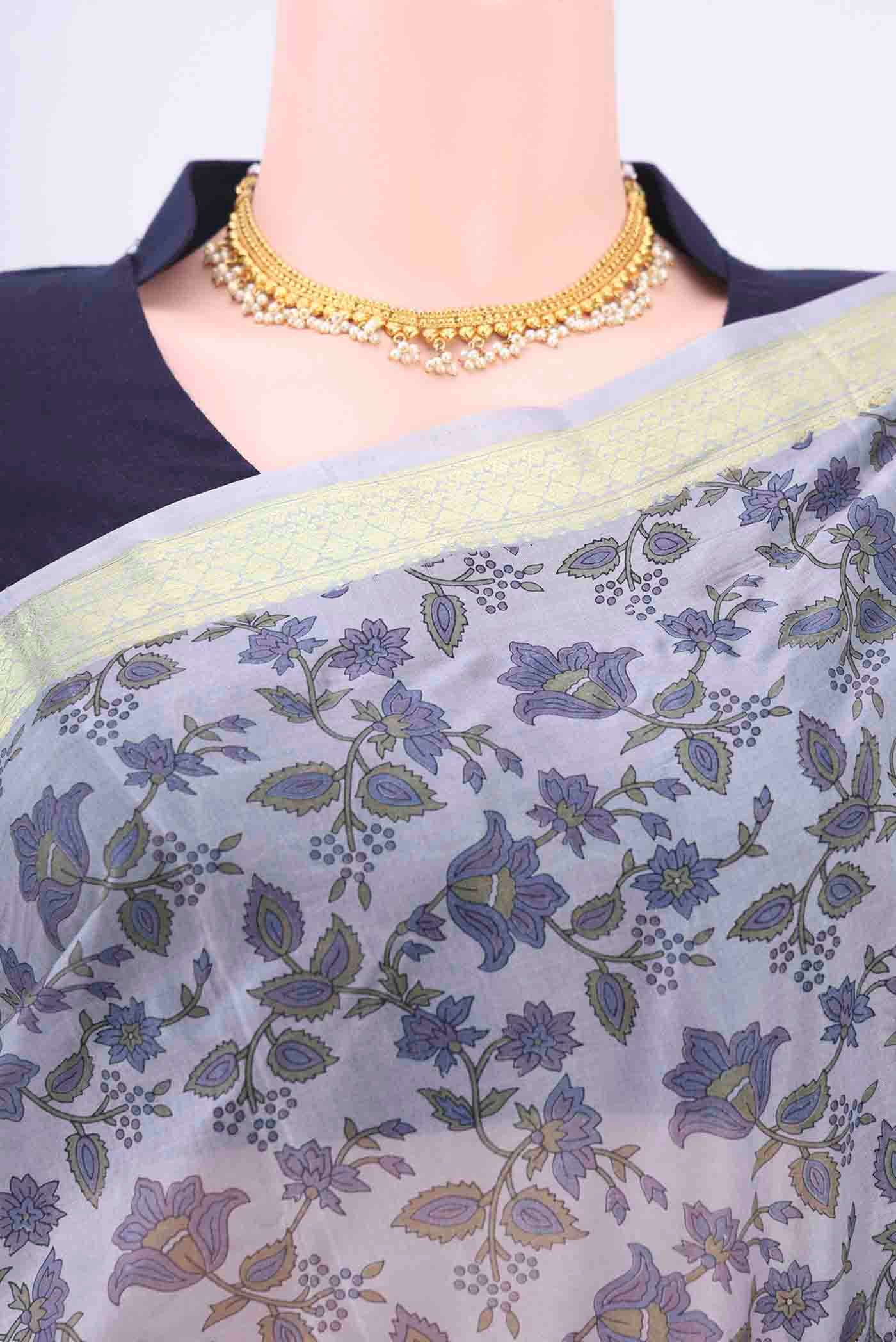 Blue Grey Printed Silk Saree - Image 2