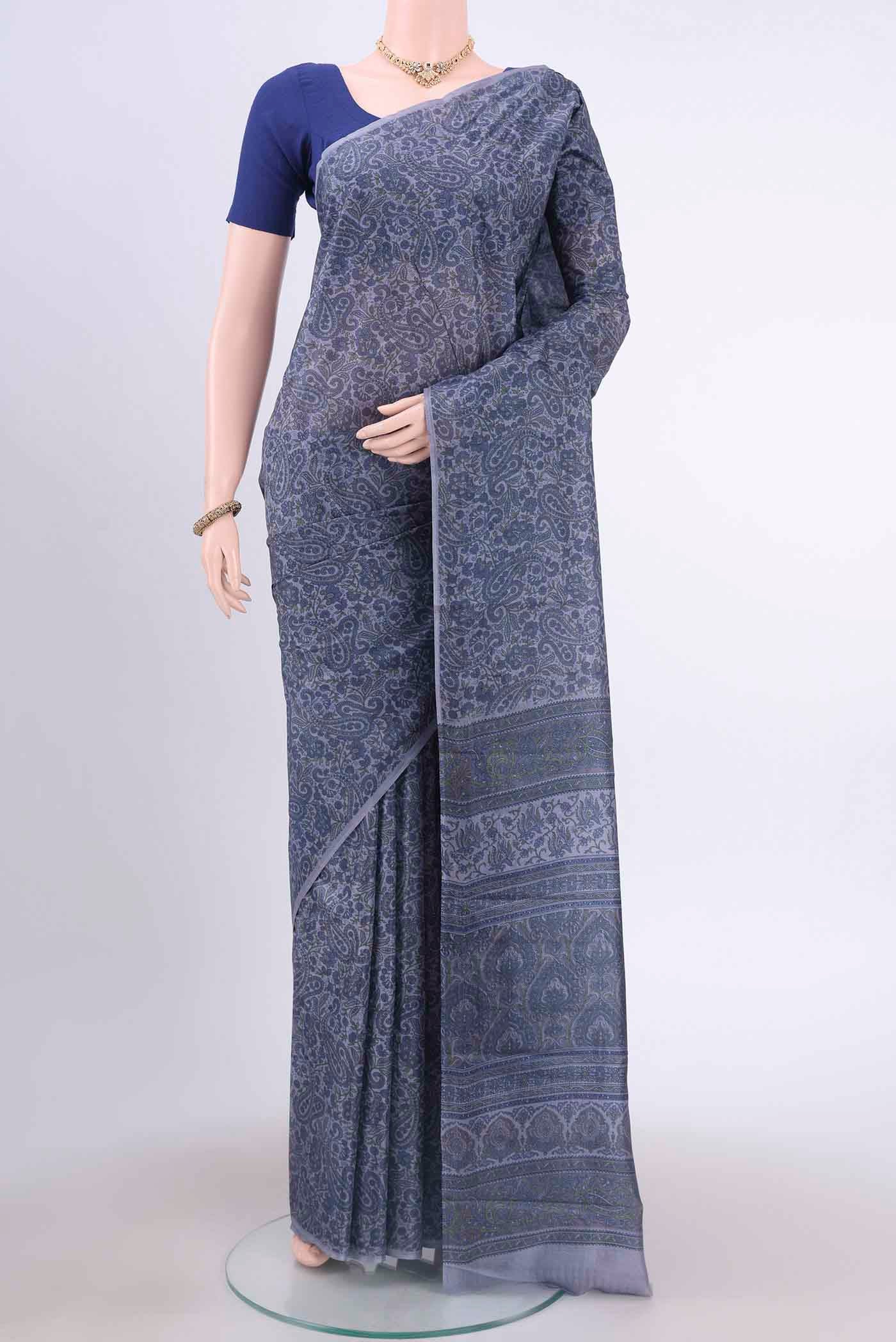 Blue Grey Printed Silk Saree