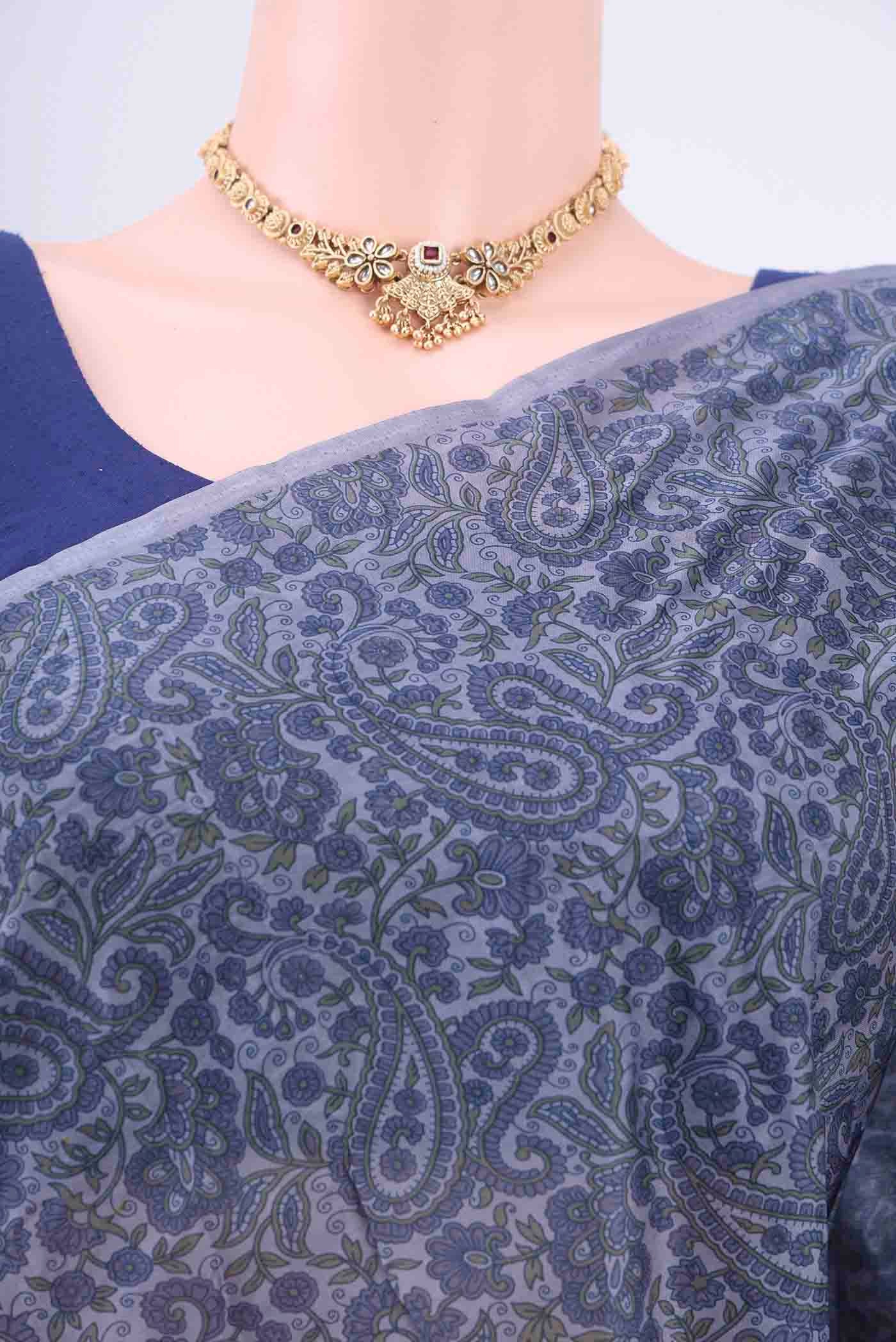Blue Grey Printed Silk Saree - Image 2