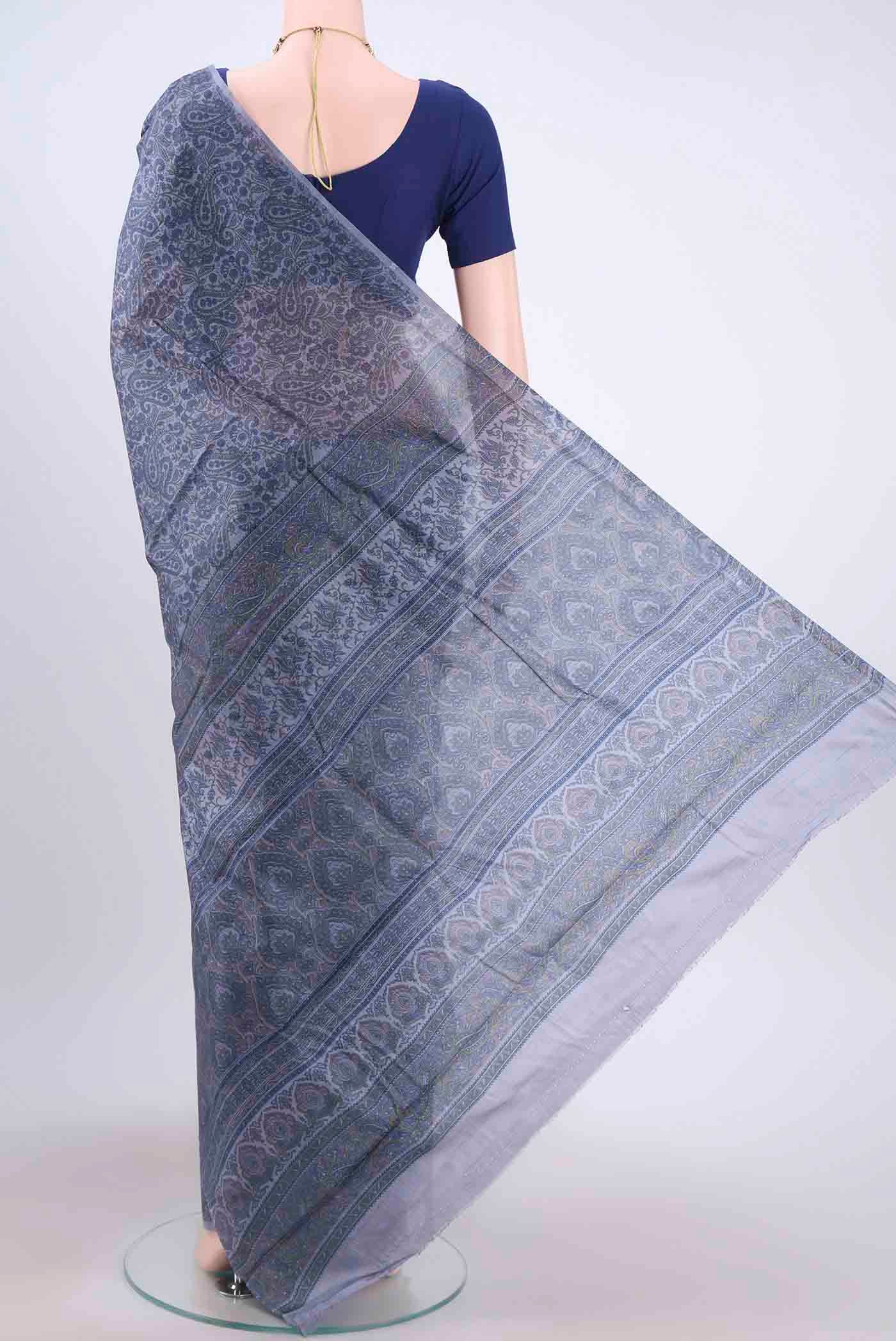 Blue Grey Printed Silk Saree - Image 3