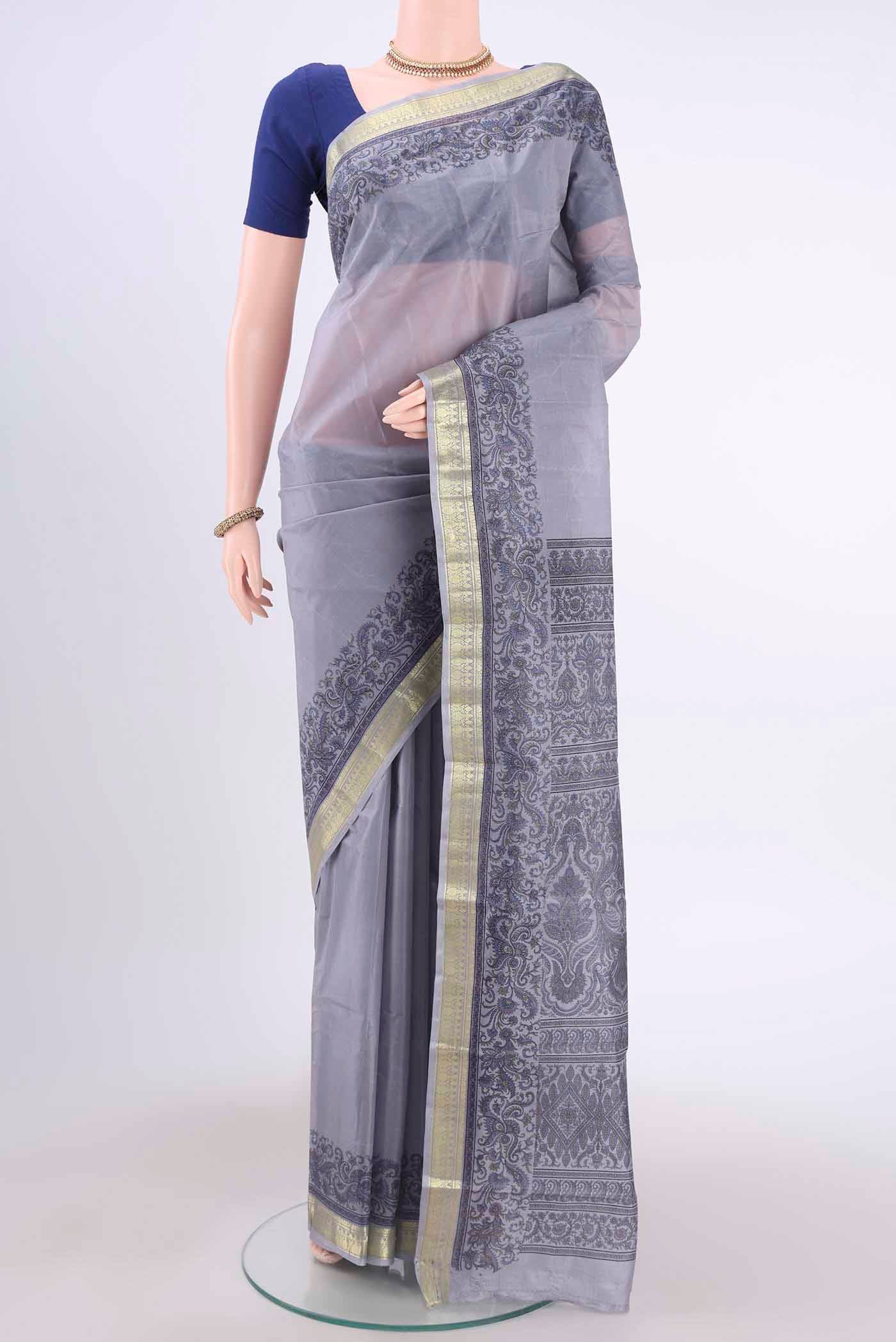 Blue Grey Printed Silk Saree