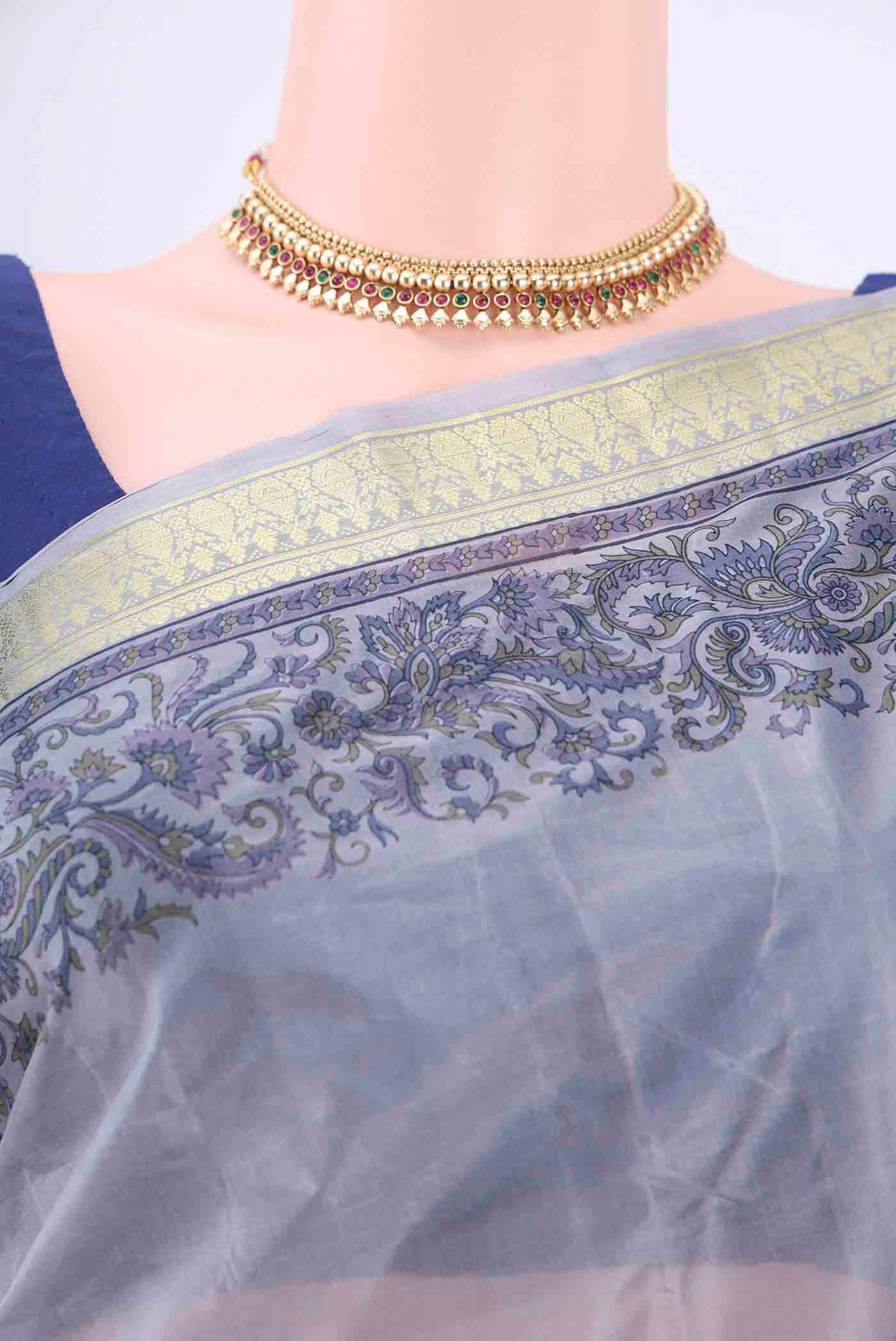 Blue Grey Printed Silk Saree - Image 2