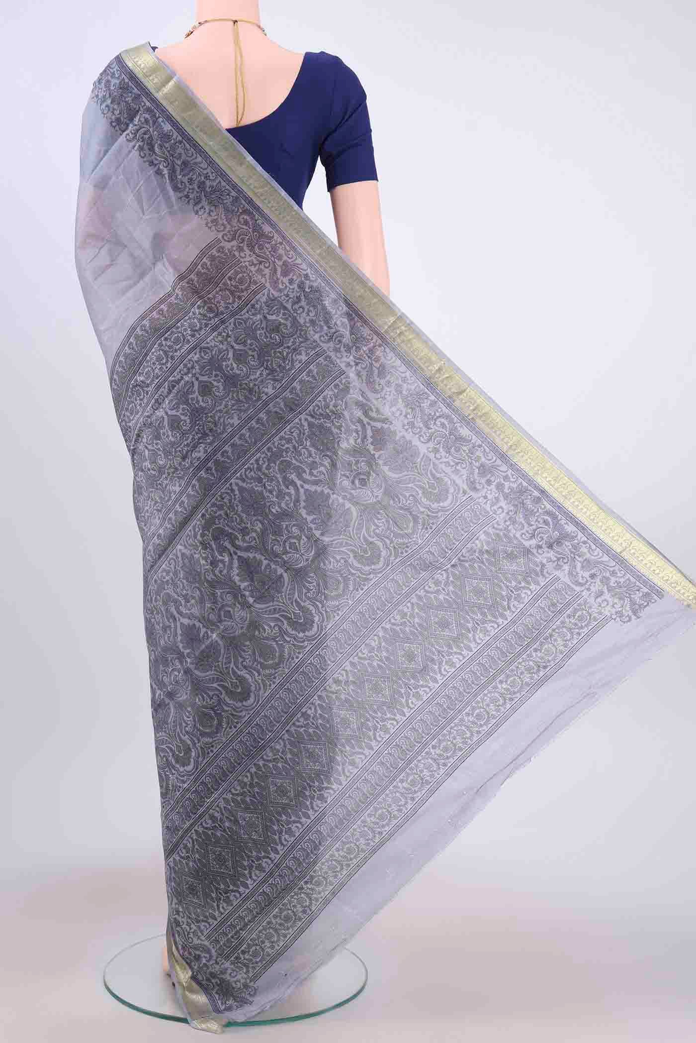 Blue Grey Printed Silk Saree - Image 3