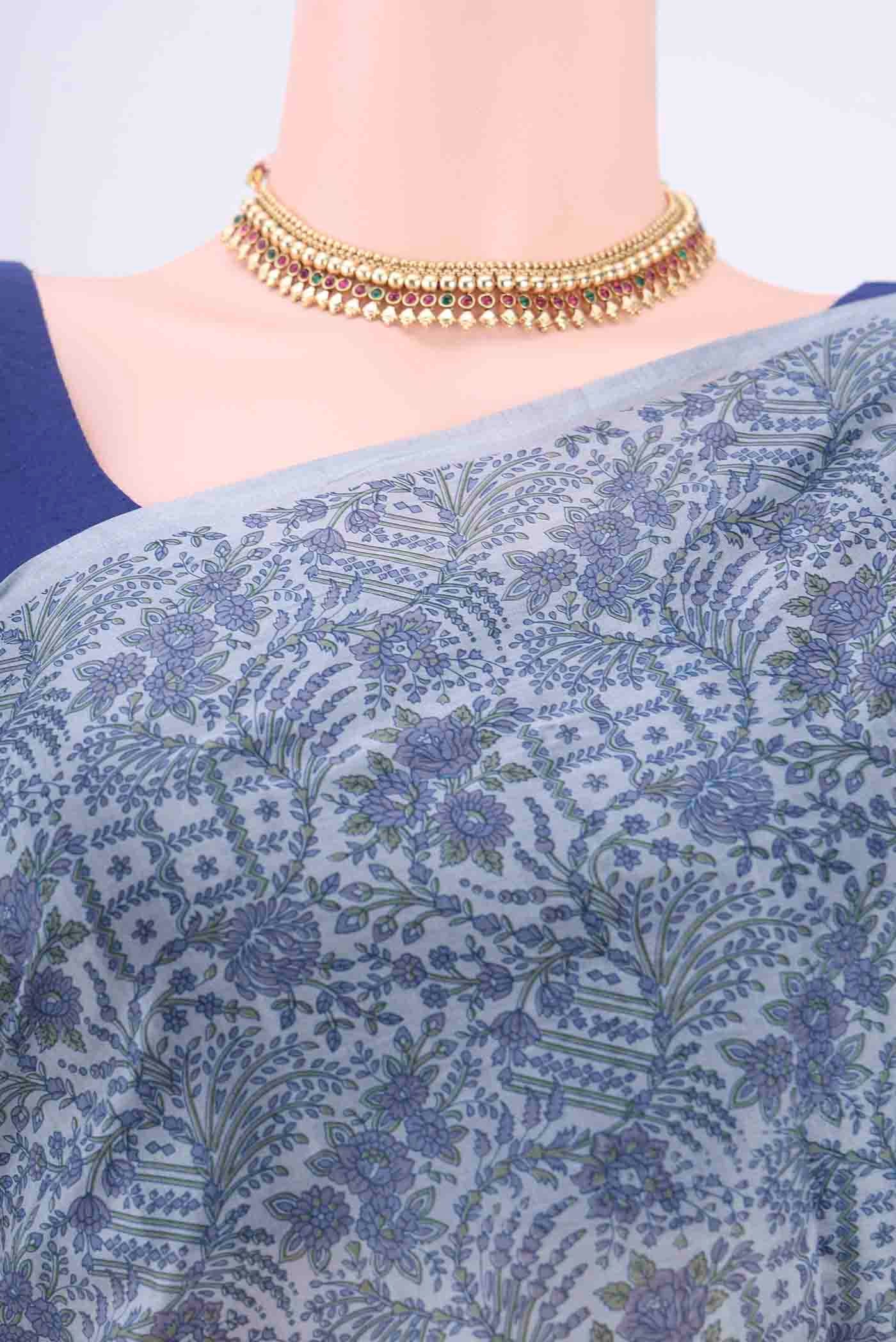 Blue Grey Printed Silk Saree - Image 2