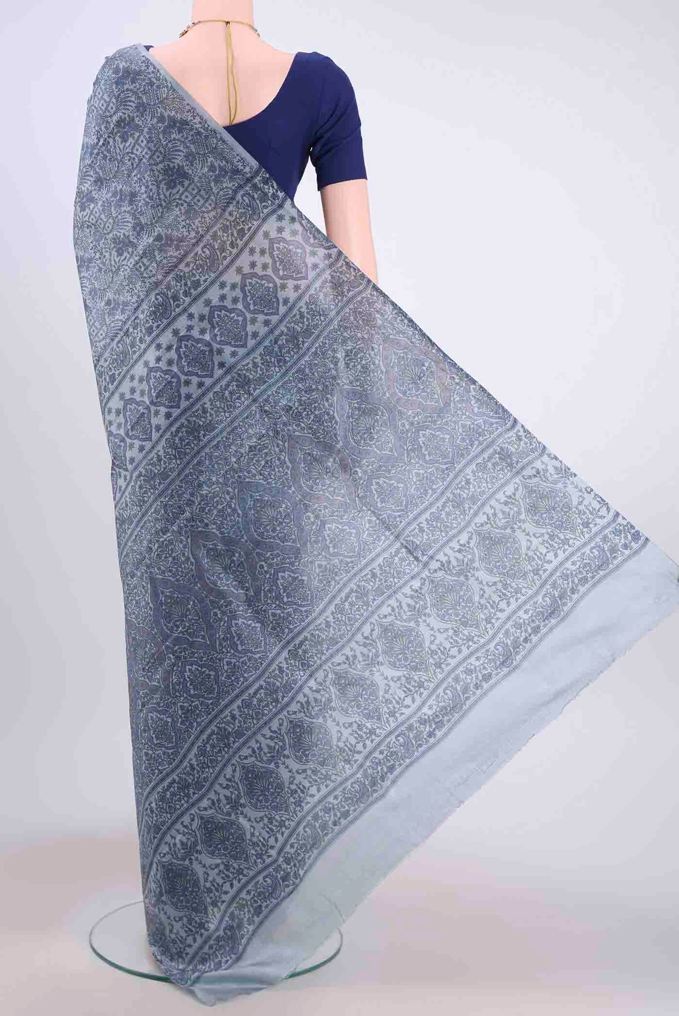 Blue Grey Printed Silk Saree - Image 3