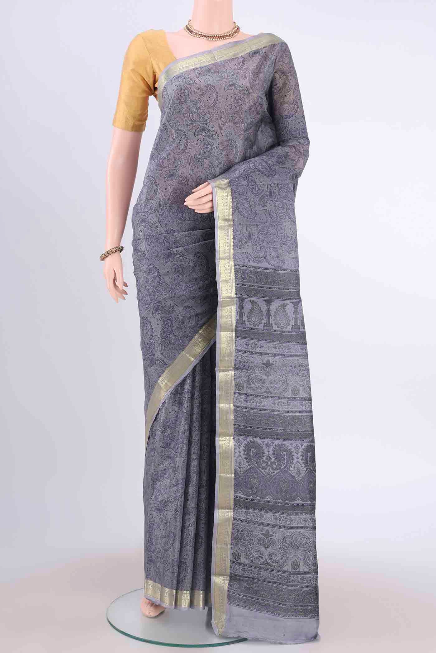 Blue Grey Printed Silk Saree