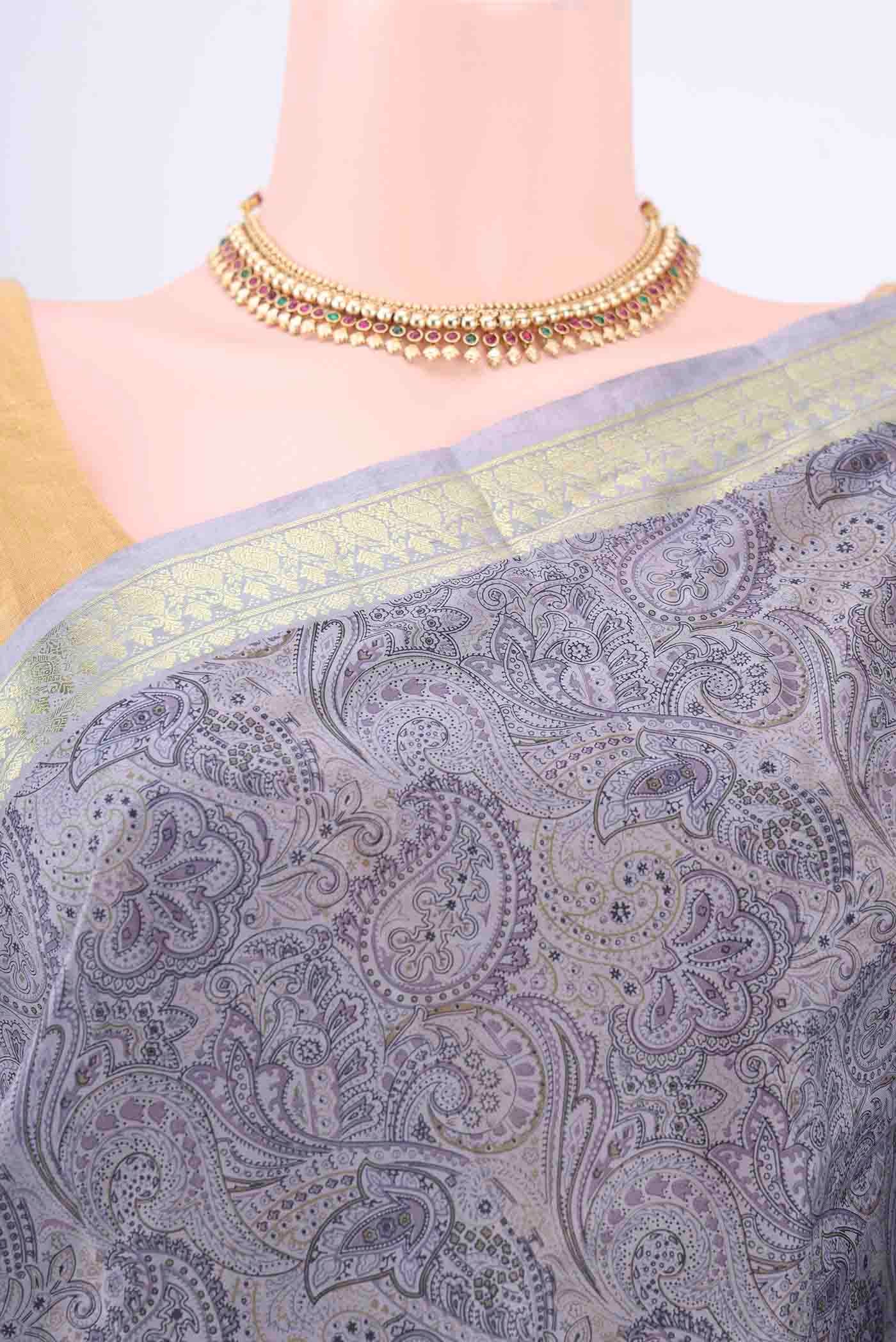 Blue Grey Printed Silk Saree - Image 2