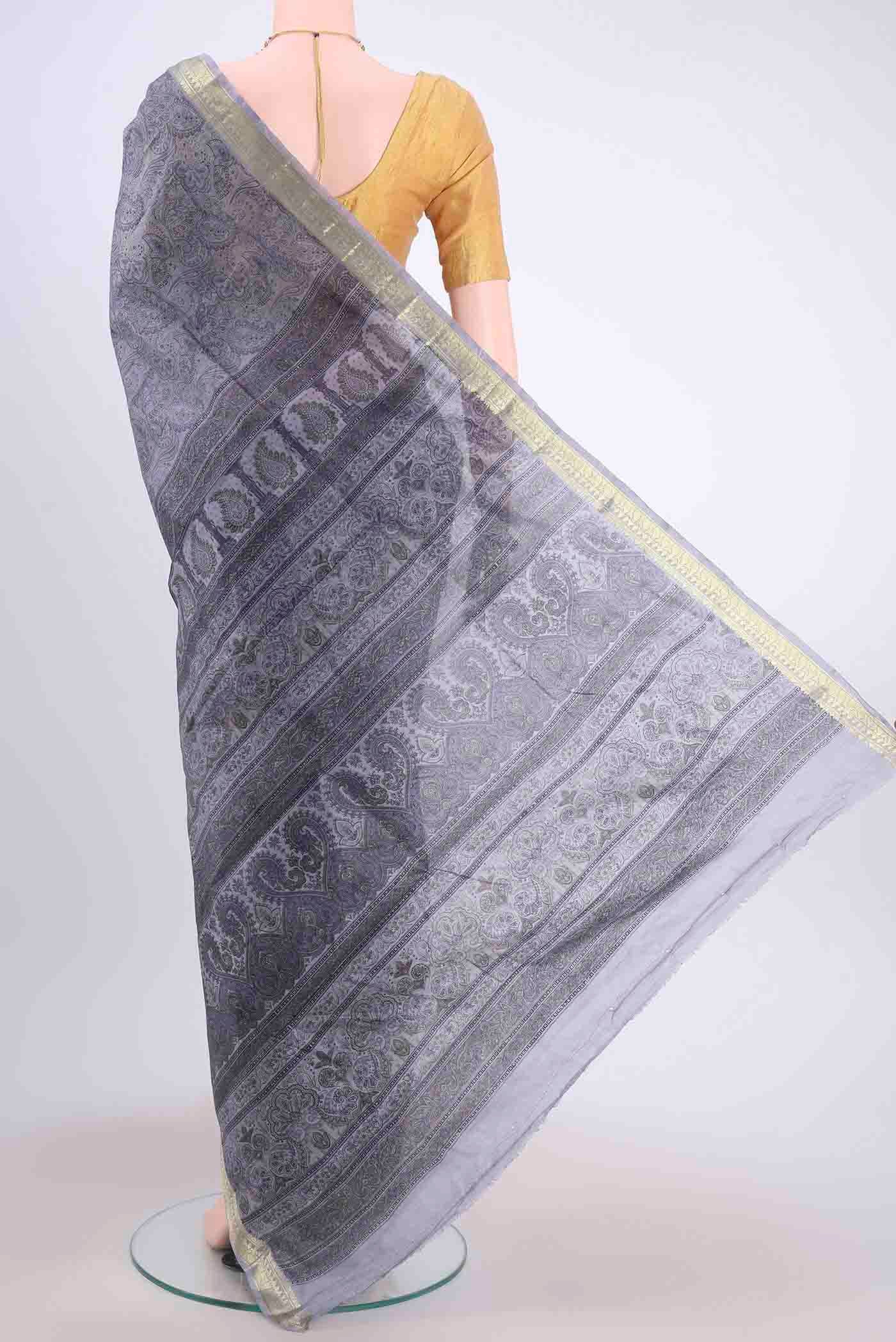 Blue Grey Printed Silk Saree - Image 3