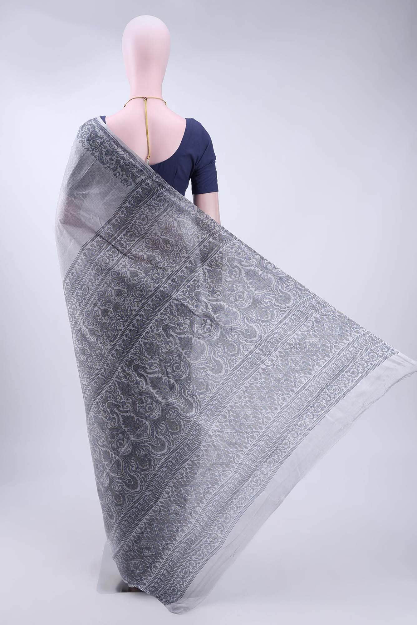 Blue Grey Printed Silk Saree - Image 3