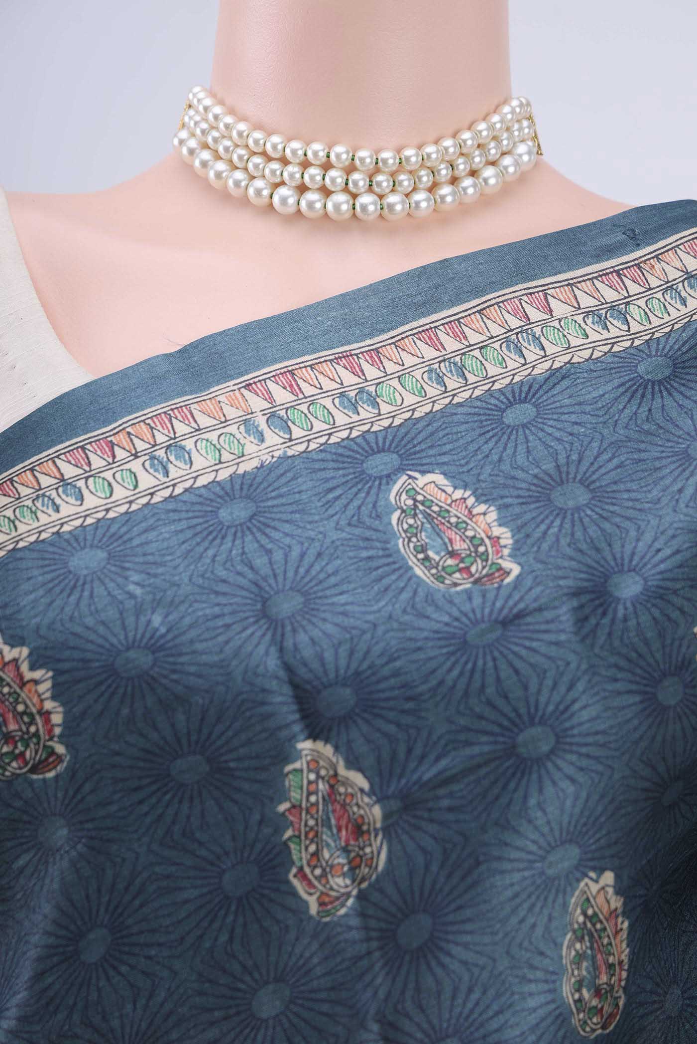 Blue Grey Tussar Silk Saree - Image 2