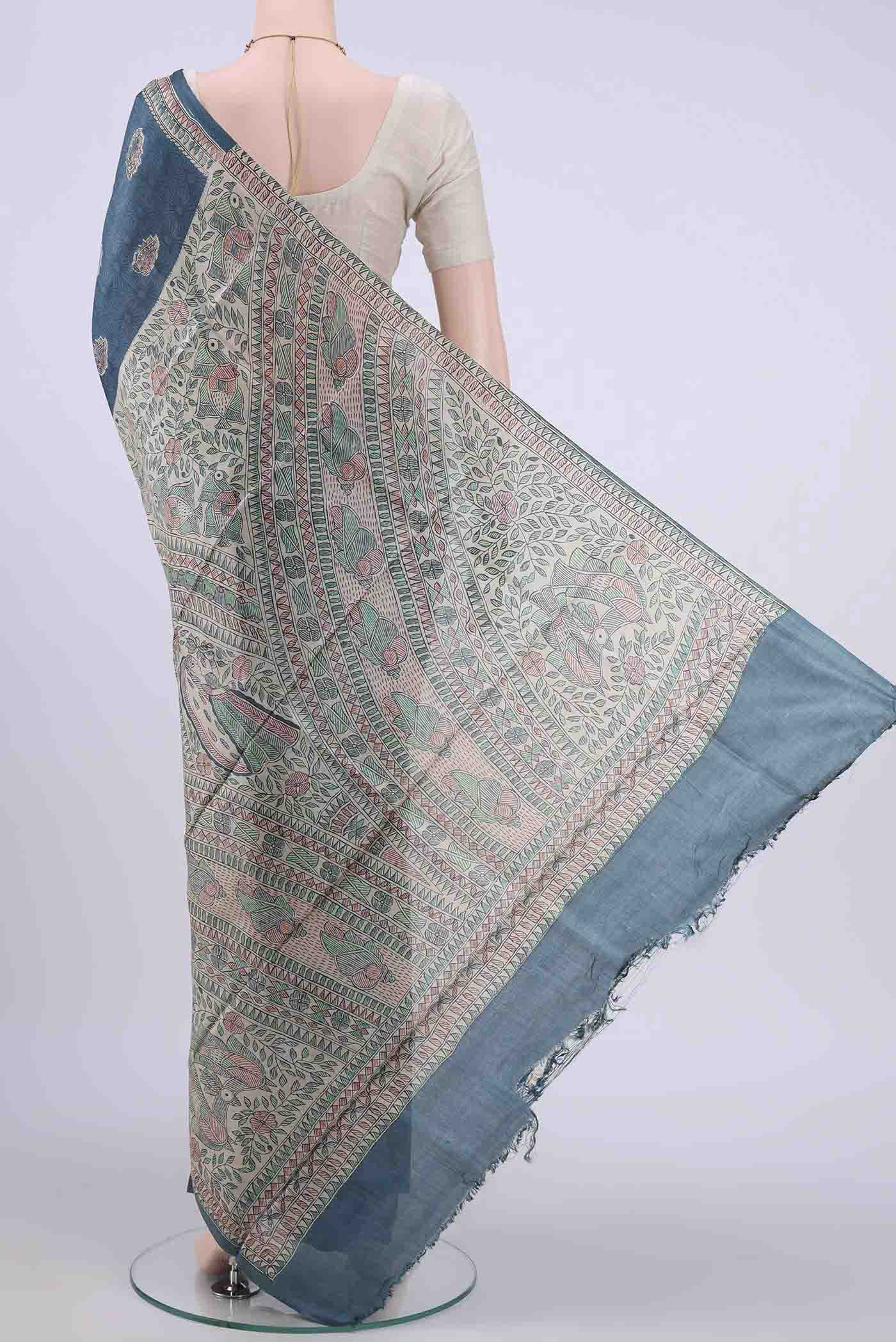 Blue Grey Tussar Silk Saree - Image 3