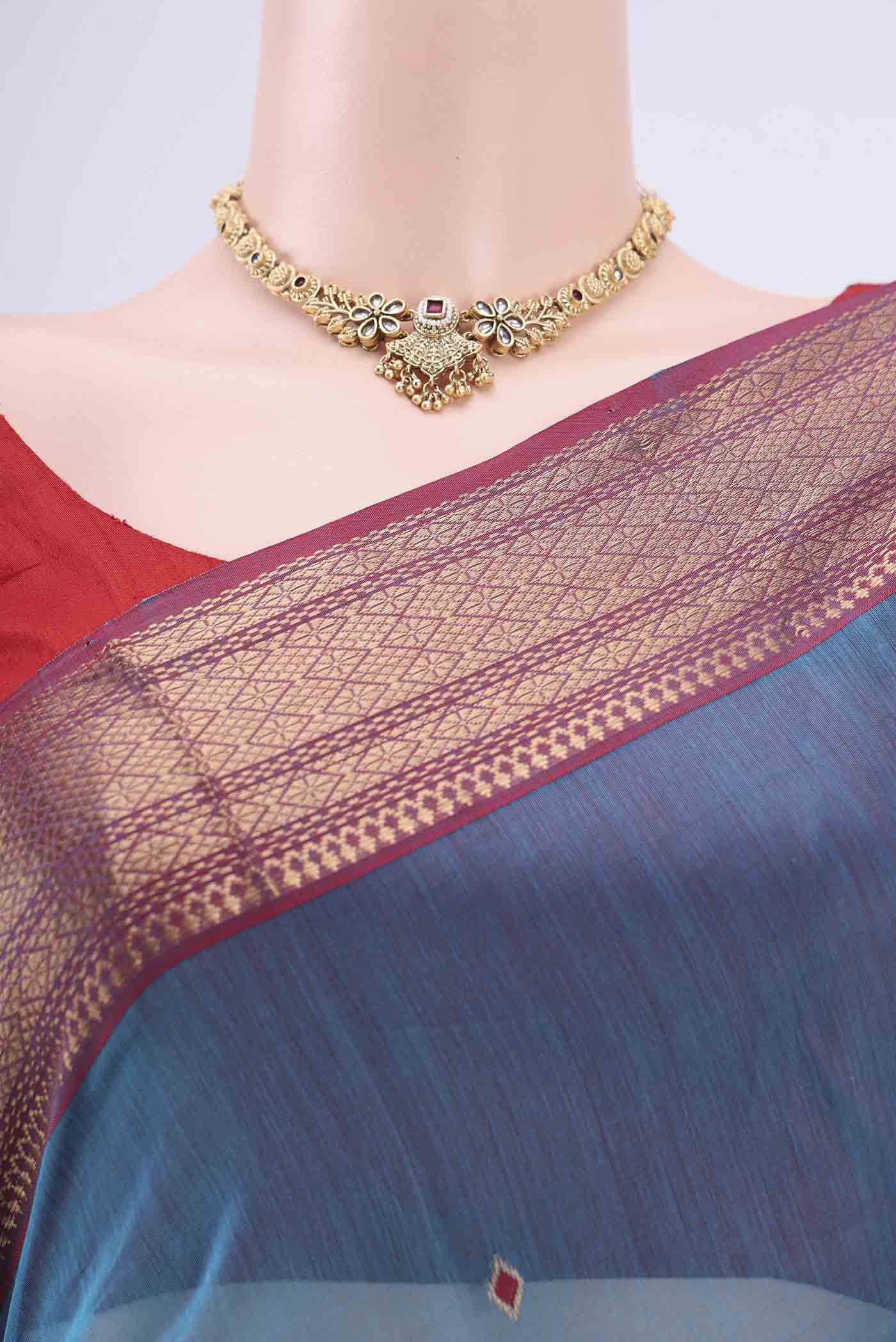 Sky Blue Maheshwari Silk Cotton Saree - Image 2