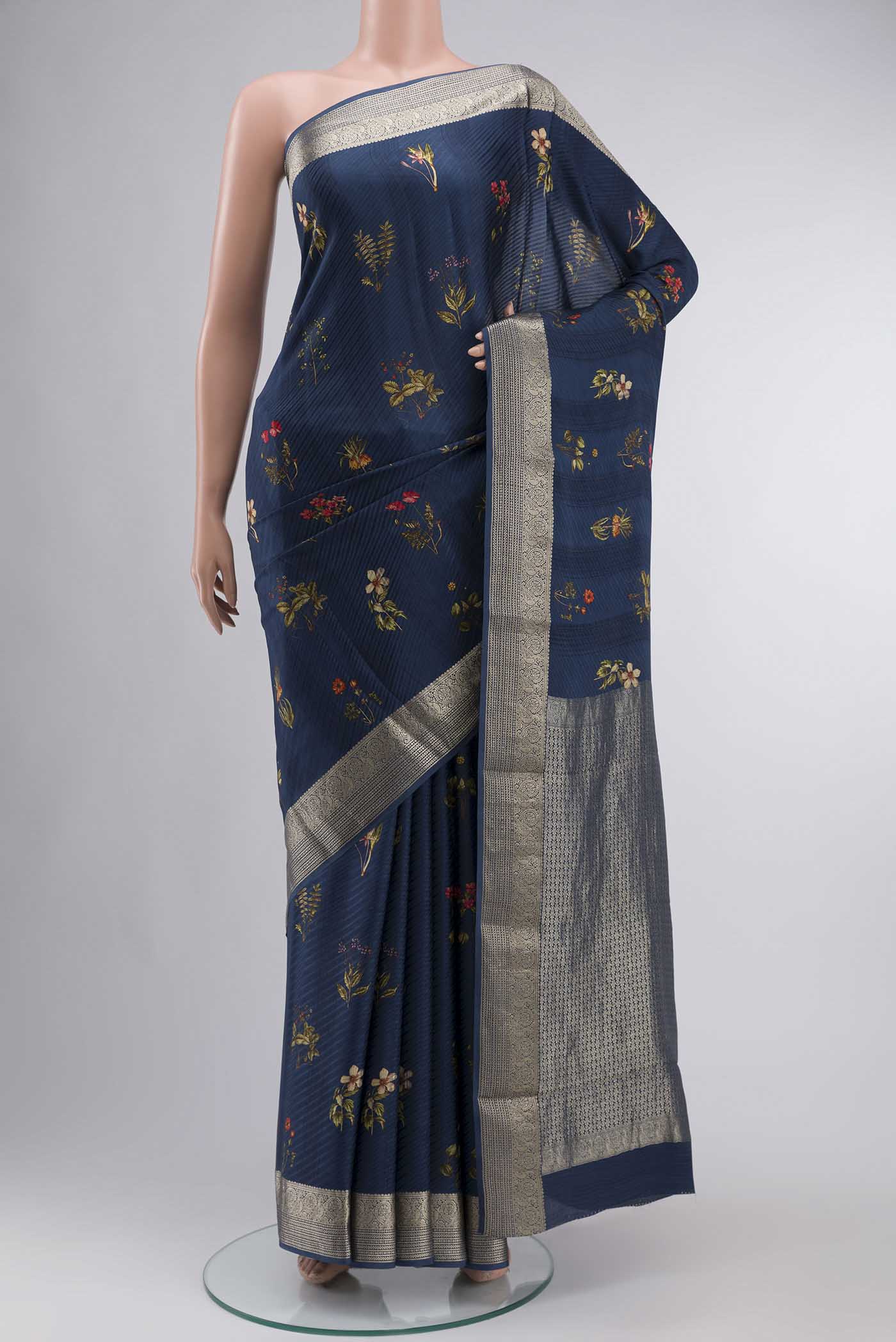 Blue Mysore Crepe Saree