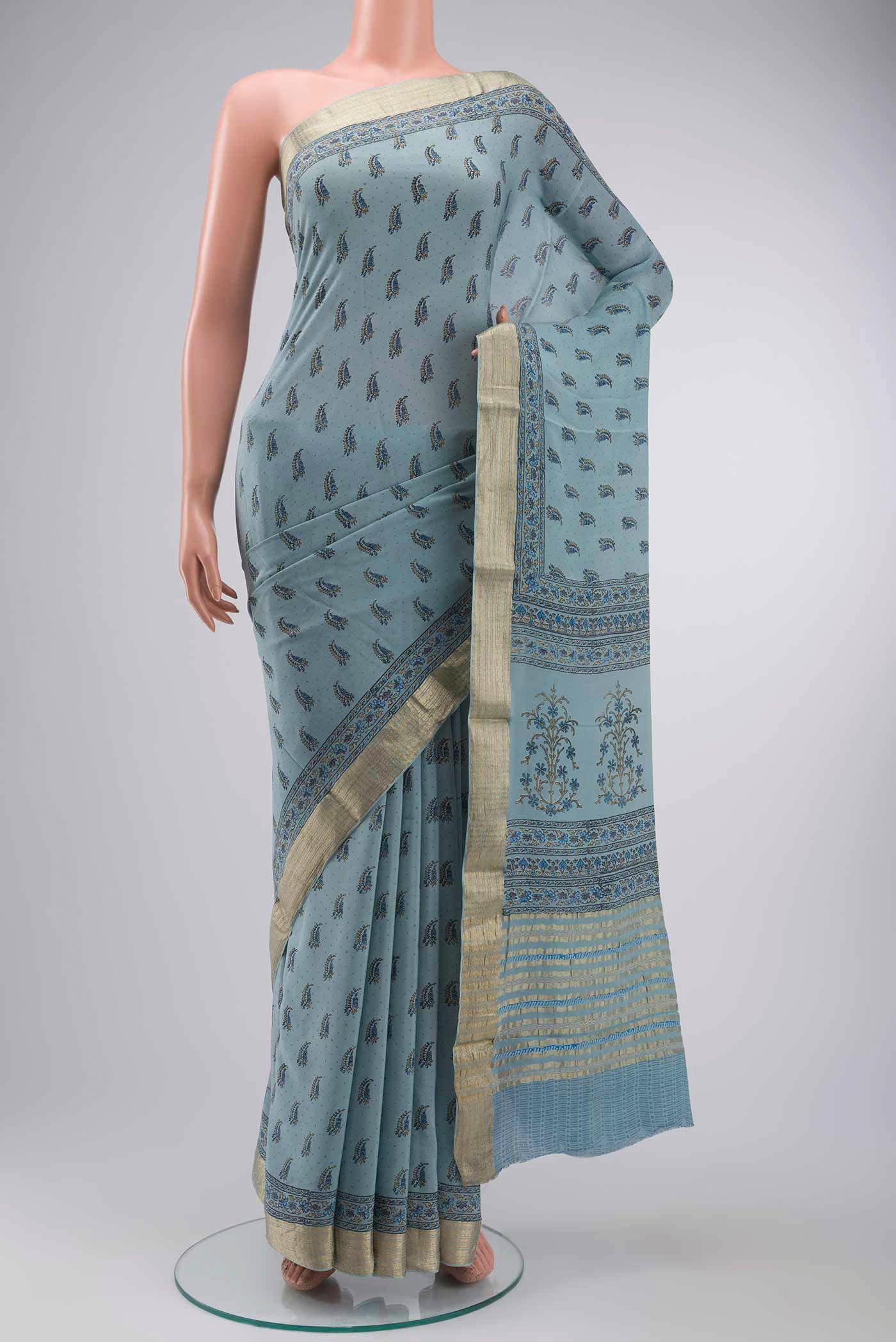 Blue Mysore Crepe Saree